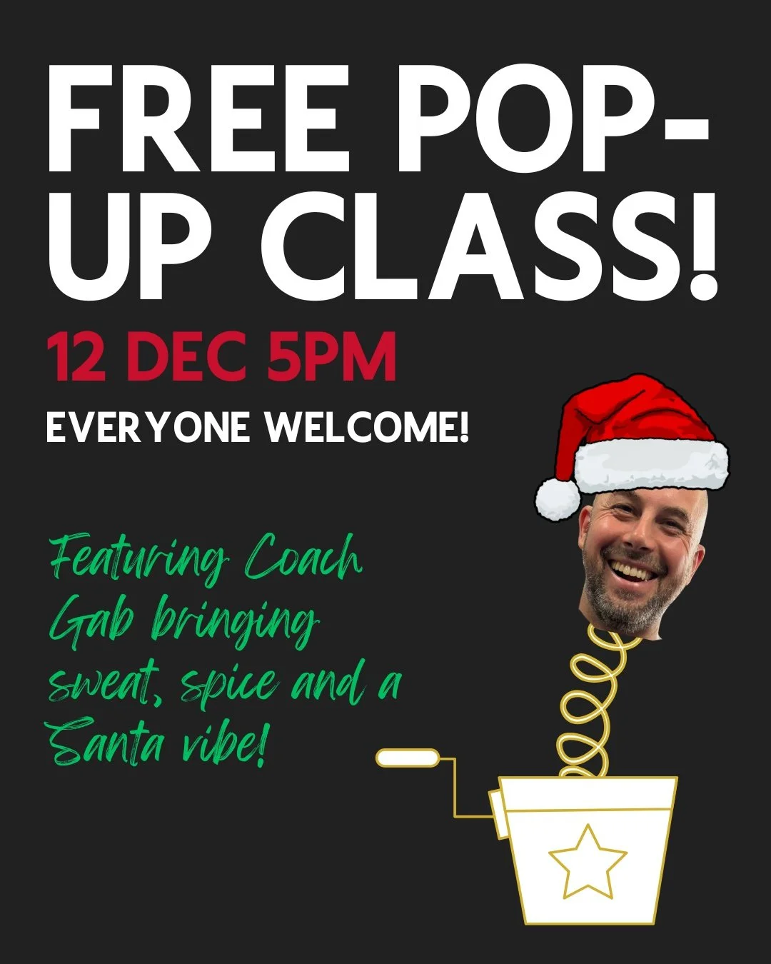 𝗙𝗥𝗘𝗘 𝗙𝗥𝗜𝗗𝗔𝗬 𝗡𝗜𝗚𝗛𝗧?

Join us for our FREE FRIDAY POP-UP!

📅 Friday 12 December
🕔 5:00PM
👟 With Coach Gabriel

Coach Gabriel is here to inject some Christmas spirit into our free Friday pop-up class! We 100% guarantee you will love it