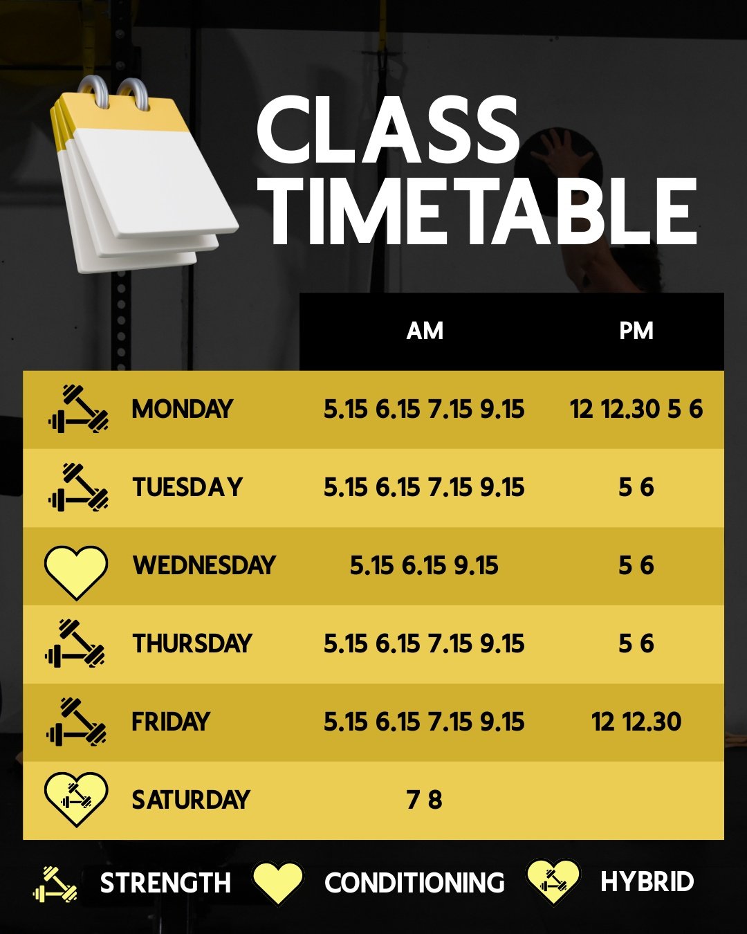 📆 New, Expanded Timetable at Altona Bay Training 📣

💪 Monday
5.15, 6.15, 7.15, 9.15, 12, 12.30, 5, 6

💪 Tuesday
5.15, 6.15, 7.15, 9.15, 5, 6

❤️ Wednesday
5.15, 6.15, 9.15, 5, 6

💪 Thursday
5.15, 6.15, 7.15, 9.15, 5, 6

💪 Friday
5.15, 6.15, 7.1