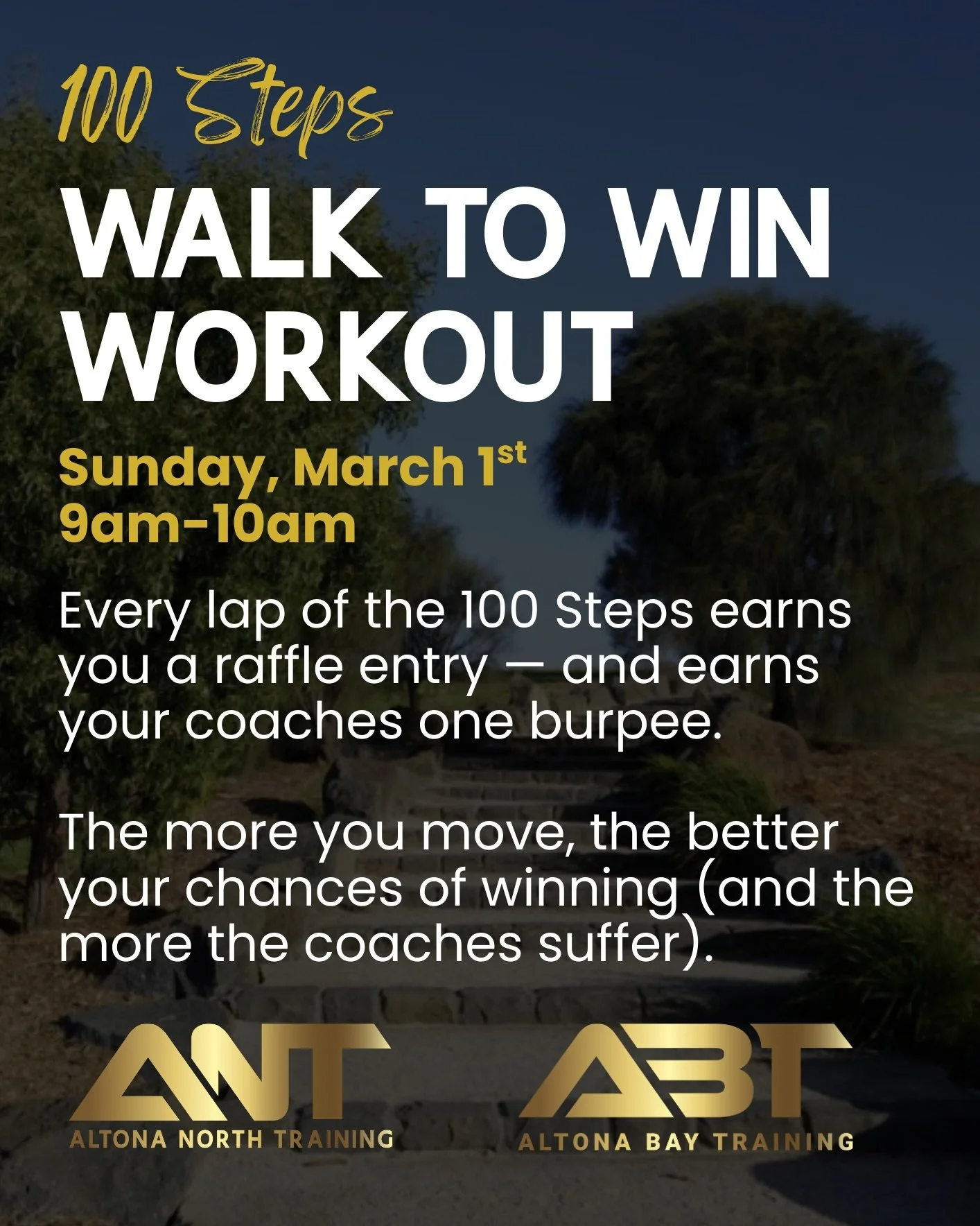 🚶𝟭𝟬𝟬 𝗦𝗧𝗘𝗣𝗦 𝗪𝗔𝗟𝗞 𝗧𝗢 𝗪𝗜𝗡

🗓️Sunday March 1st
🕘9&ndash;10am
📍Andrew Park Drive, Altona Meadows &mdash; that&rsquo;s the main access point and car park for the steps and trails
☕Coffee after

We&rsquo;re taking it outside the gym doo