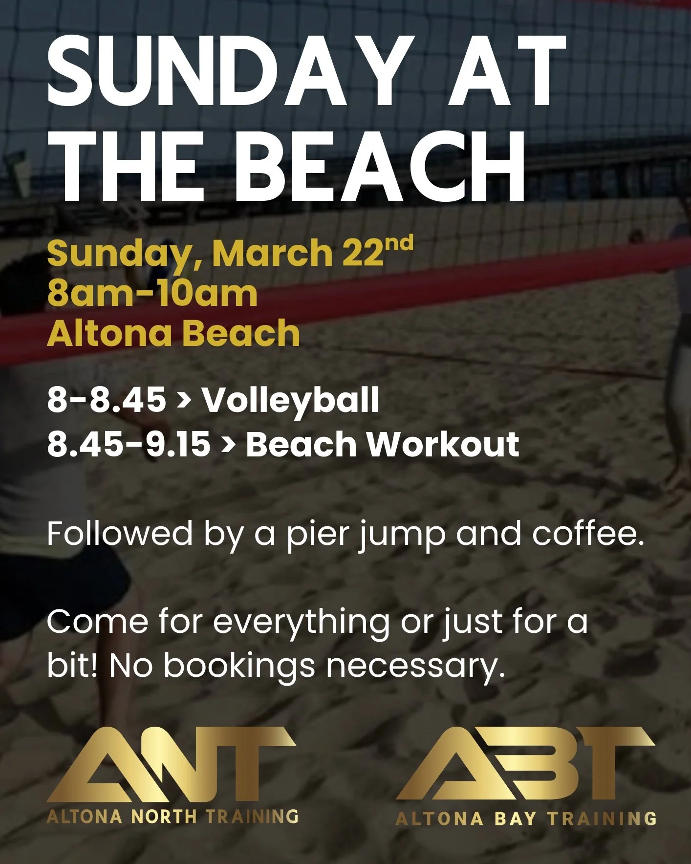 𝗦𝗨𝗡𝗗𝗔𝗬 𝗔𝗧 𝗧𝗛𝗘 𝗕𝗘𝗔𝗖𝗛

📍 Altona Beach
🗓 Sunday 22 March
⏰ 8:00AM
💥 FREE  All welcome
🚫 No bookings needed

On Sunday 22 March we&rsquo;re taking the crew to Altona Beach for a morning of sun, sand, sweat and community with our frien