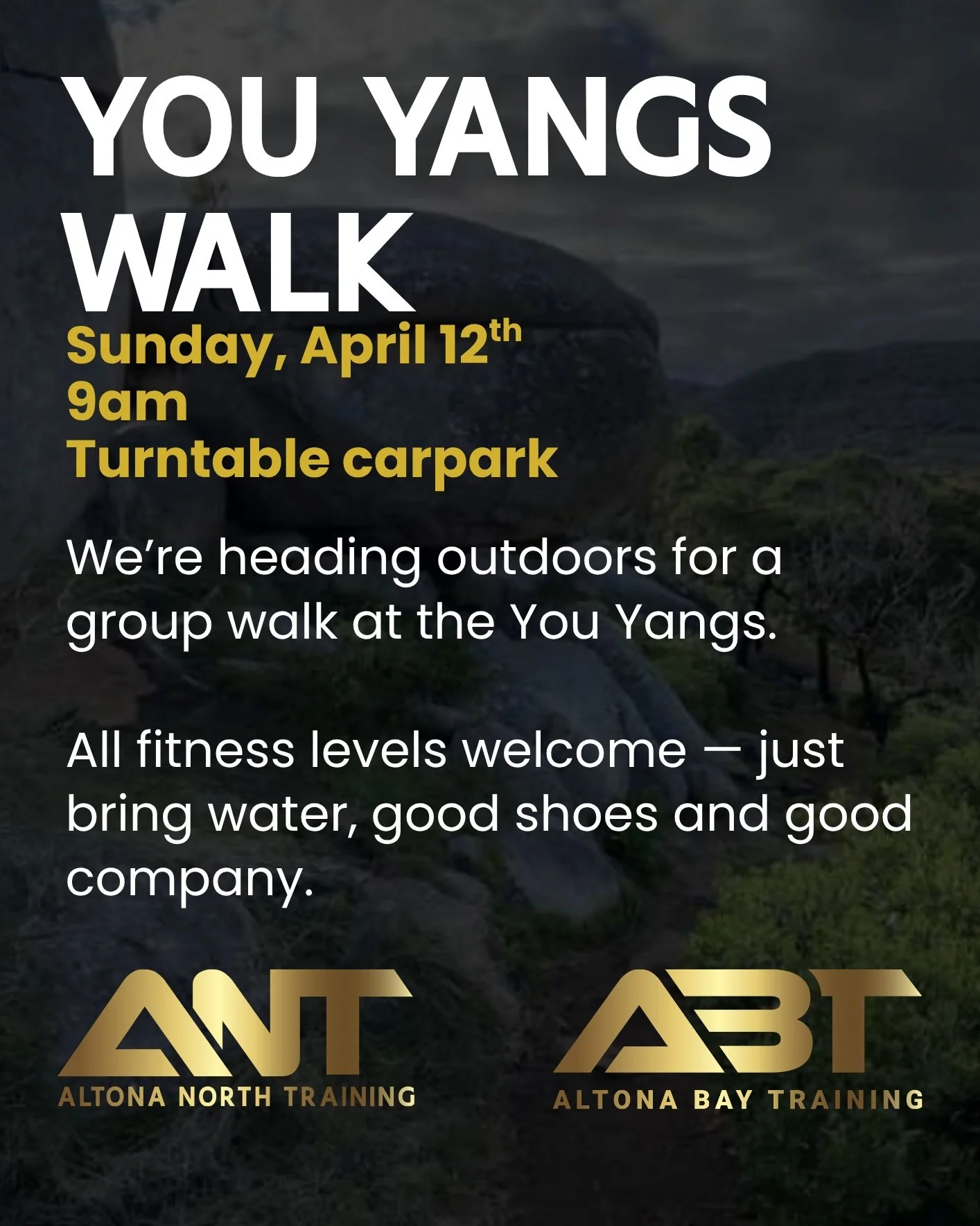 🌿𝗦𝗨𝗡𝗗𝗔𝗬 𝗪𝗔𝗟𝗞 𝗔𝗧 𝗬𝗢𝗨 𝗬𝗔𝗡𝗚𝗦 🥾

📍You Yangs &ndash; Turntable Carpark
🗓 Sunday 12 April
⏰ 9:00am
🚫 No bookings needed

We&rsquo;re heading outdoors for a relaxed group walk, and you&rsquo;re invited!

It&rsquo;s the perfect chanc