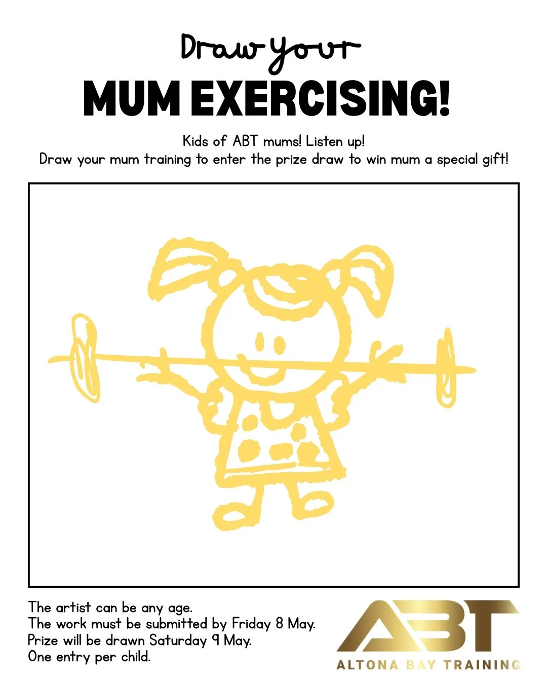 We can't wait to see what the kids come up with....

Calling all ABT mums: want to win a beautiful Mother&rsquo;s Day gift? Get your kids (any age!) to draw you exercising&mdash;training, lifting, stretching&hellip; however they imagine you.

Pick up