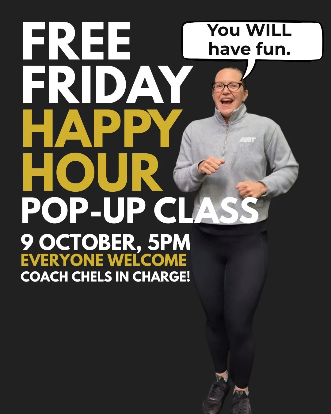FREE Friday Night Pop-Up at Altona Bay Training 💪

Join us this Friday at 5pm as Coach Chels brings enough enthusiasm, energy and extra vibe to finish the week on a HIGH.

Our Friday night pop-ups are a chance to get together, have a laugh and work 