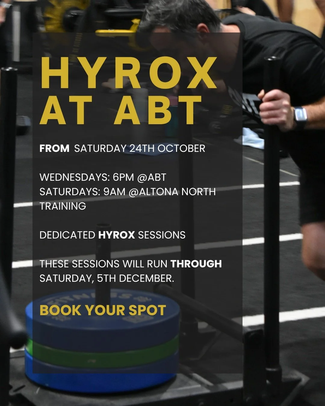 🔥 𝗛𝗬𝗥𝗢𝗫 𝗦𝗘𝗦𝗦𝗜𝗢𝗡𝗦 𝗔𝗥𝗘 𝗖𝗢𝗠𝗜𝗡𝗚

From Saturday, 24th October, we will offer our members 2 chances to train for Hyrox each week until race day! 💪

What time?

📅 Wednesdays at 6pm at Altona Bay Training
📅 Saturdays at 9am at Alton