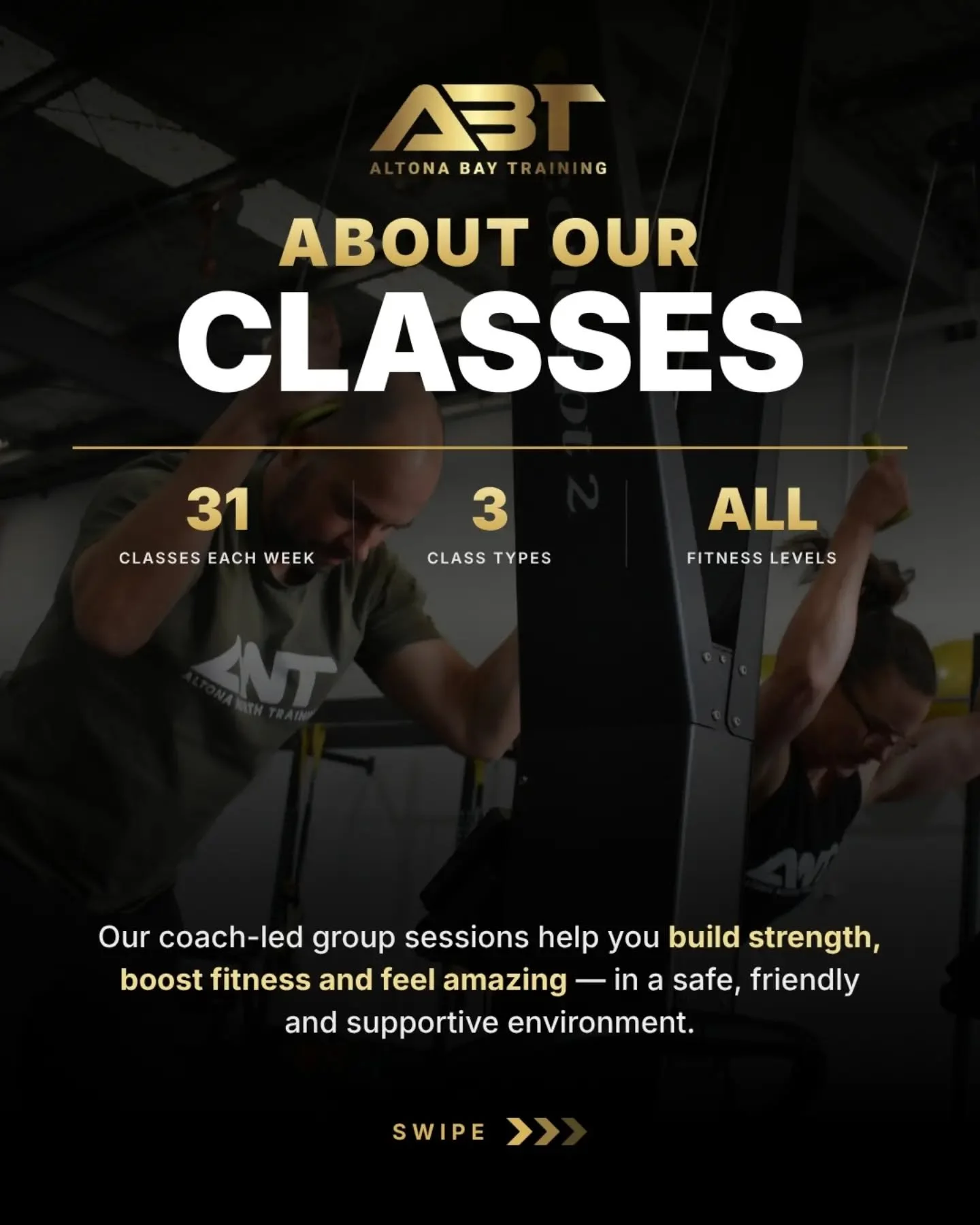💪 About Our Classes at Altona Bay Training 💥

At ABT, our coach-led group training sessions will help you build strength, boost fitness, and feel amazing &mdash; all in a safe, friendly, and supportive environment.

We welcome all fitness levels an