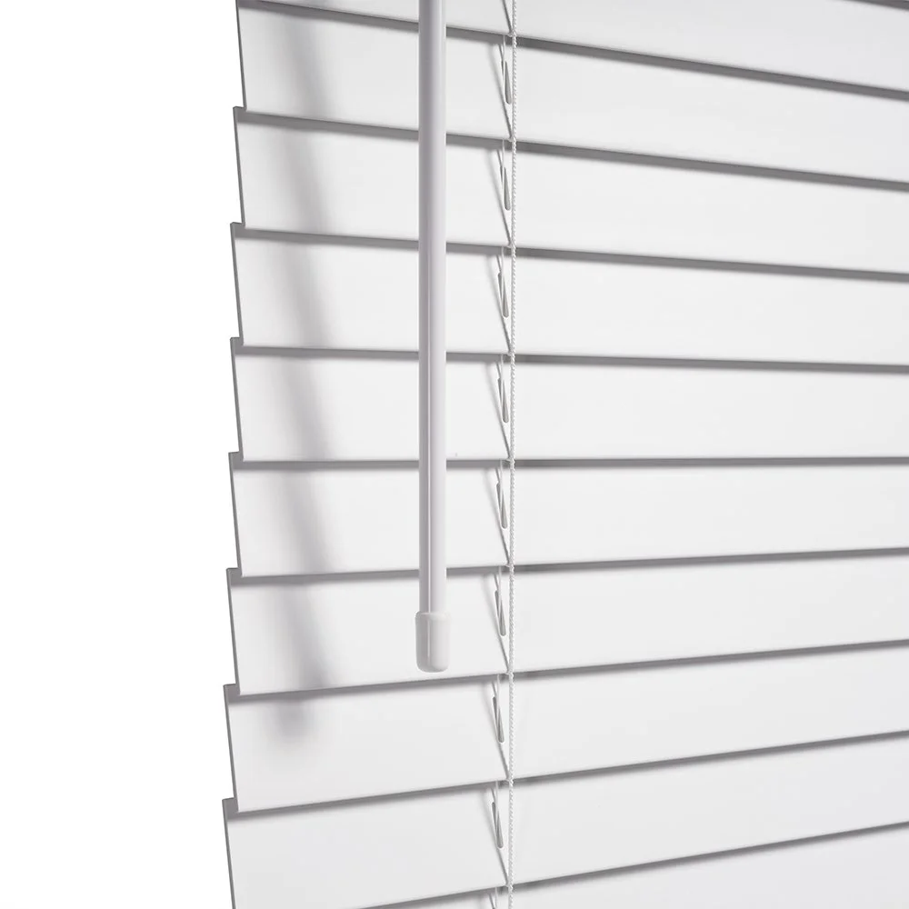 Cordless 2-inch corded Fauxwood Blind in white finish featuring the handle