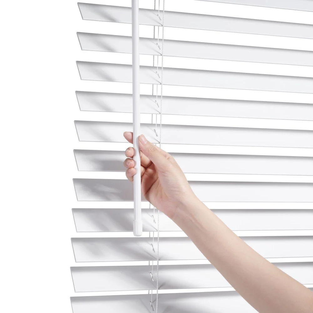 Cordless 2-inch corded Fauxwood Blind in white finish featuring the handle