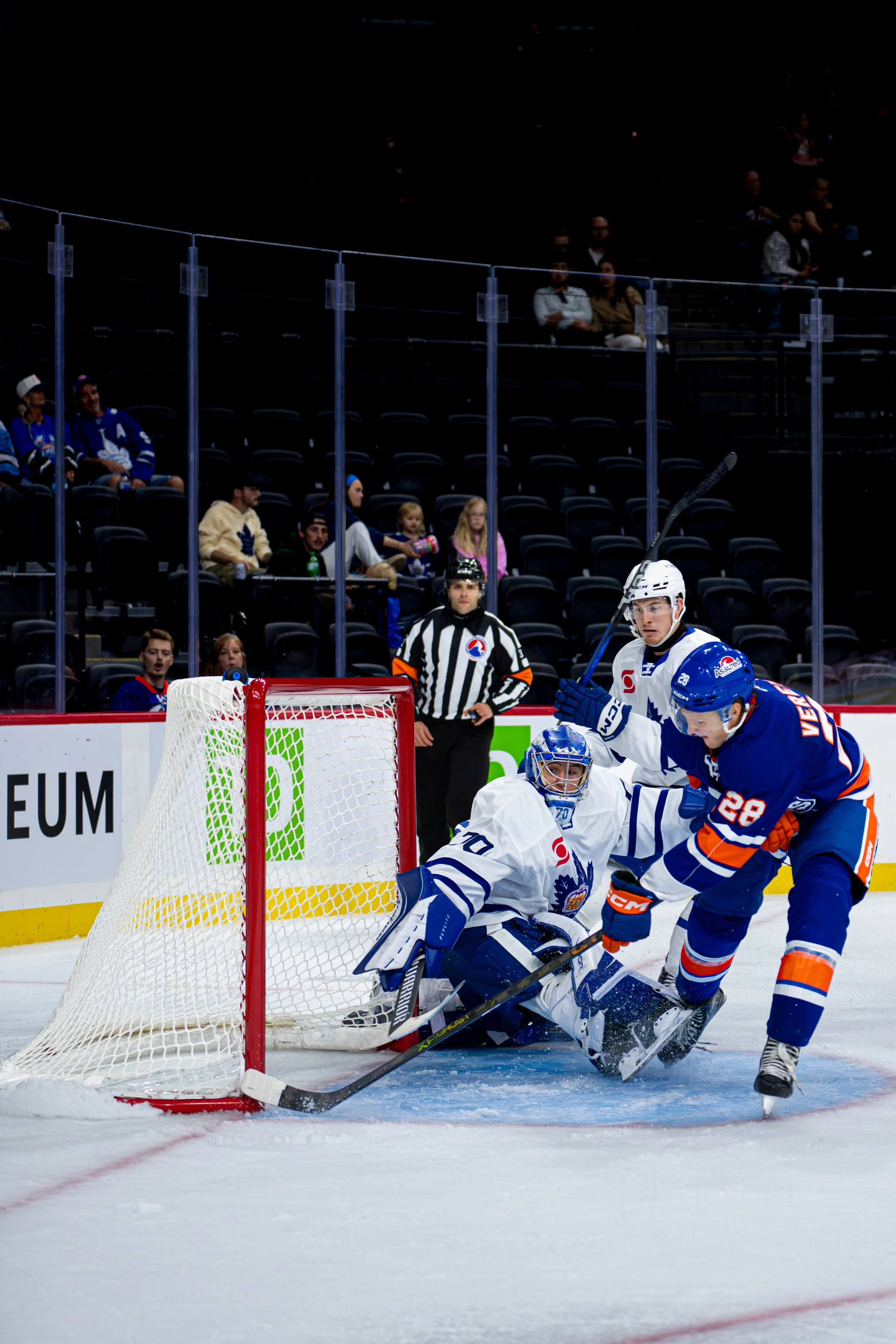 Ice hockey game with players near the goal and spectators watching from the stands.