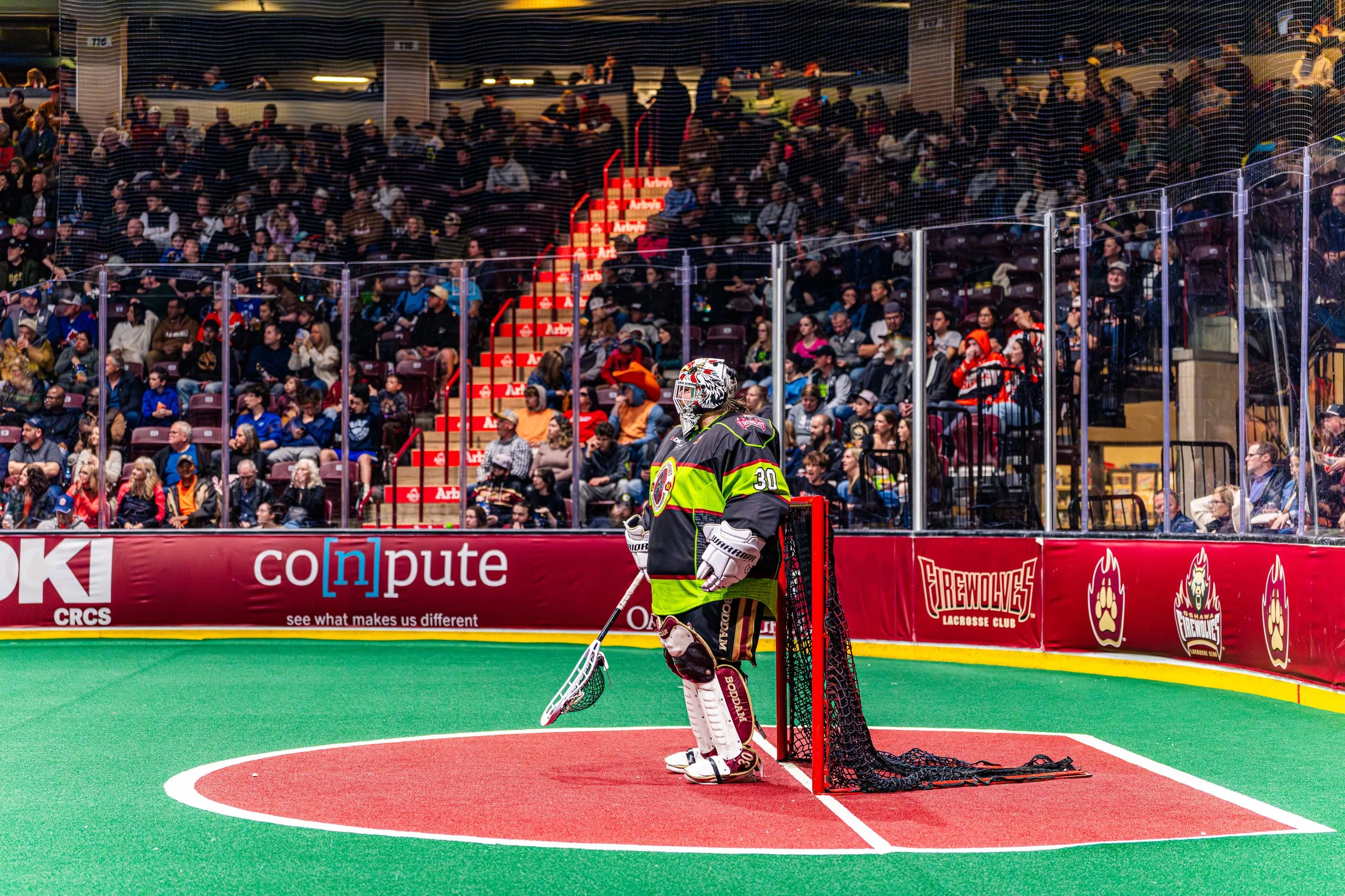 Hockey goalie standing in front of the goal on the hockey rink, with crowd in stands behind the glass.