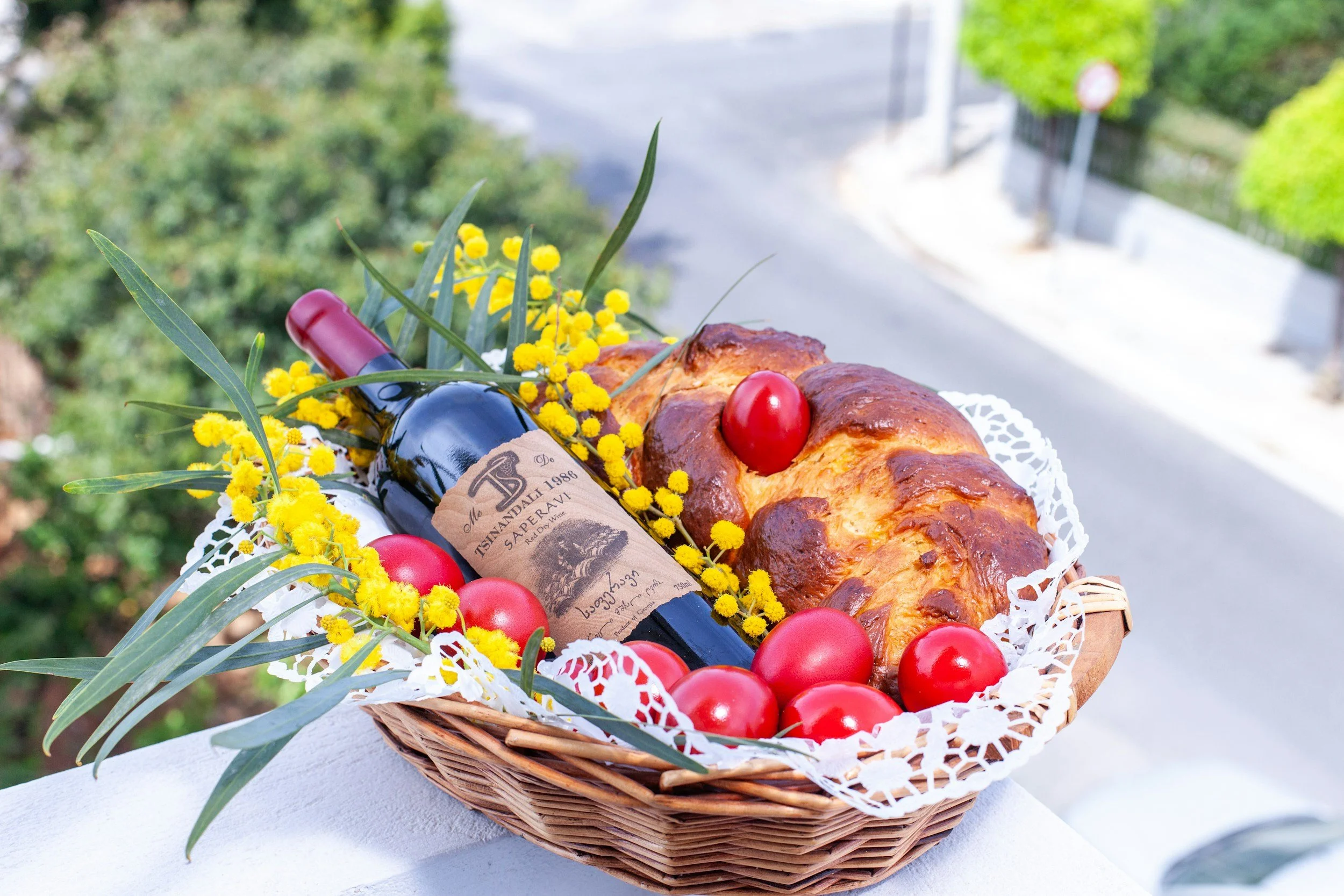 Greek Easter Eggs, Greek Wine, Tsoureki Bread