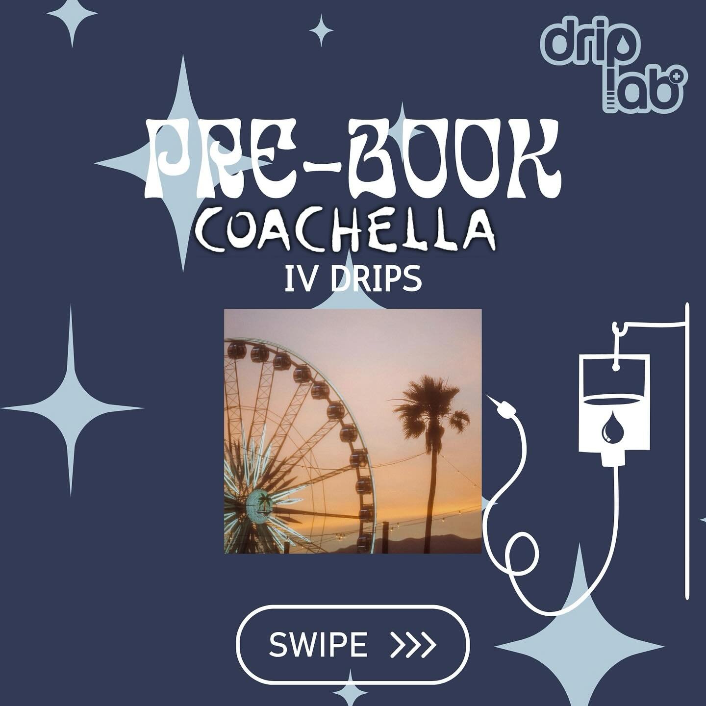 9 days until coachella ‼️💧🏜️🍻 

Before you pack your bags make sure you book your pre coachella IV drip 💧! 

The cheat code to surviving the 3 day festival 🍻 🌵. 

Group discounts available ! Tag/send to your freinds going.

📲 Appointments/pric