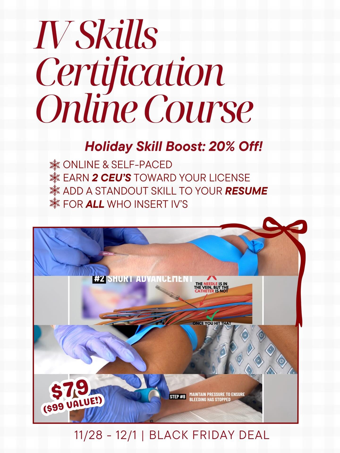 Sharpen your IV technique, boost your confidence, and earn 2 CEUs&mdash;all from home. 💉📚

Our online IV skills course is on SALE 11/28-12/1 and makes the perfect gift for nursing students or new-grad nurses ready to level up.