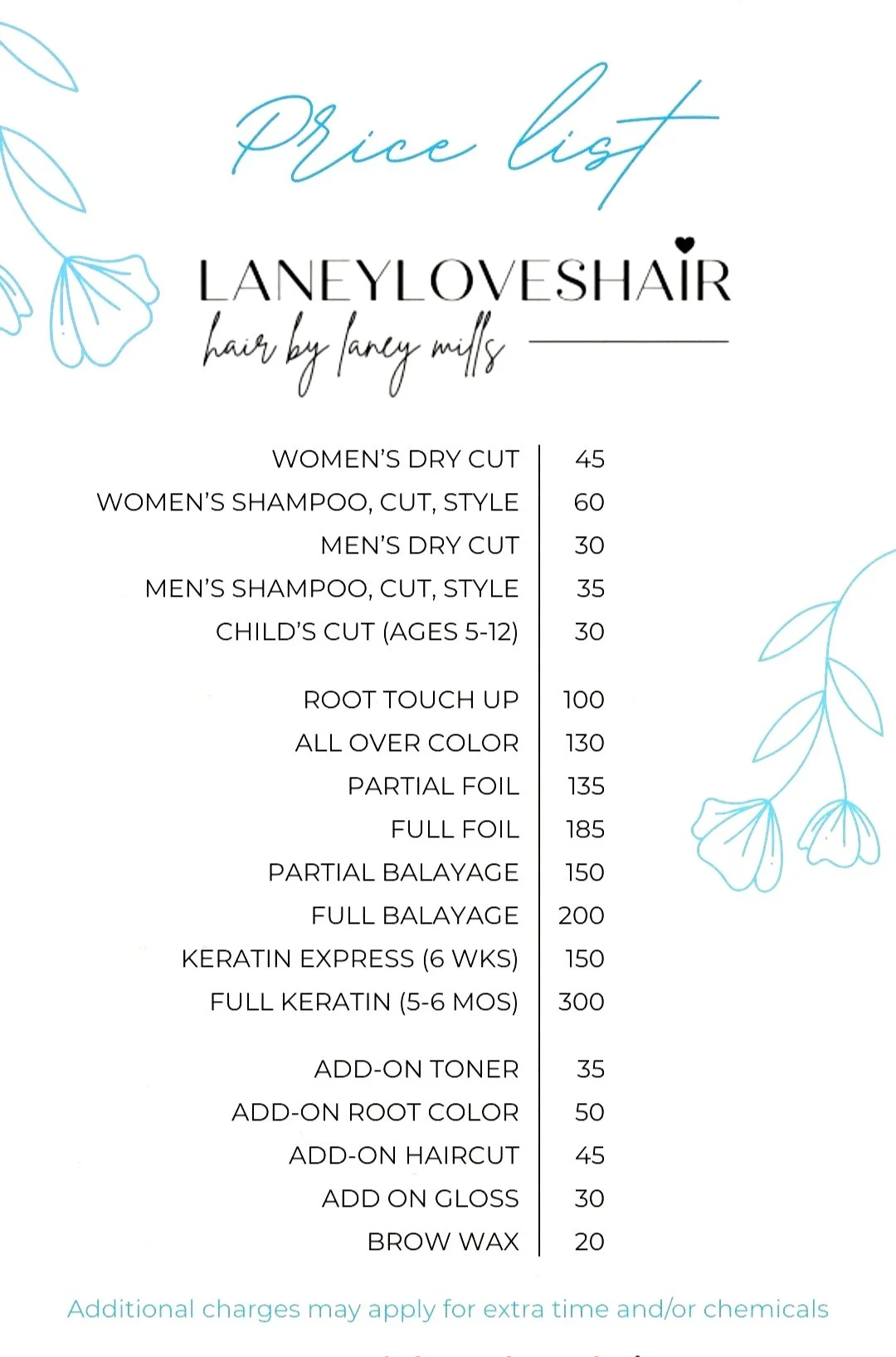 Price list for hair services, including cuts, coloring, keratin treatments, and add-ons, with prices in dollars. Decorative blue floral accents in the corners.