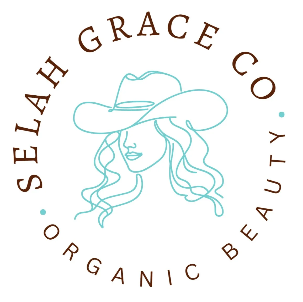 Logo for 'Selah Grace Co' featuring a line drawing of a woman with long hair wearing a wide-brimmed hat, with the company name arched above and the tagline 'Organic Beauty' below.
