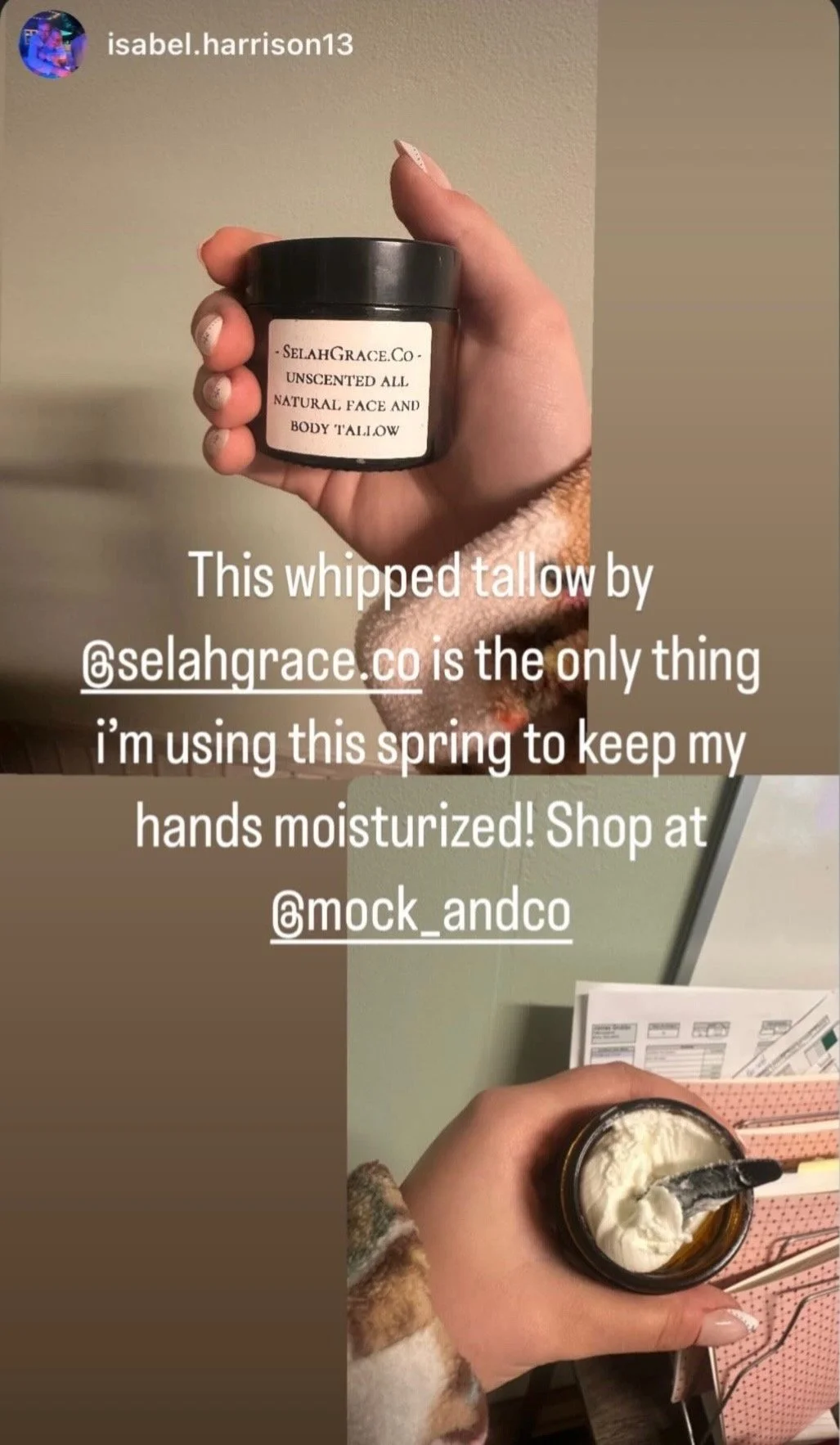 A hand holding a jar of whipped tallow labeled Selah Grace Co Unscented All Natural Face and Body Tallow'. The background shows a desk or table with papers and a second hand holding a jar of white cream or lotion.