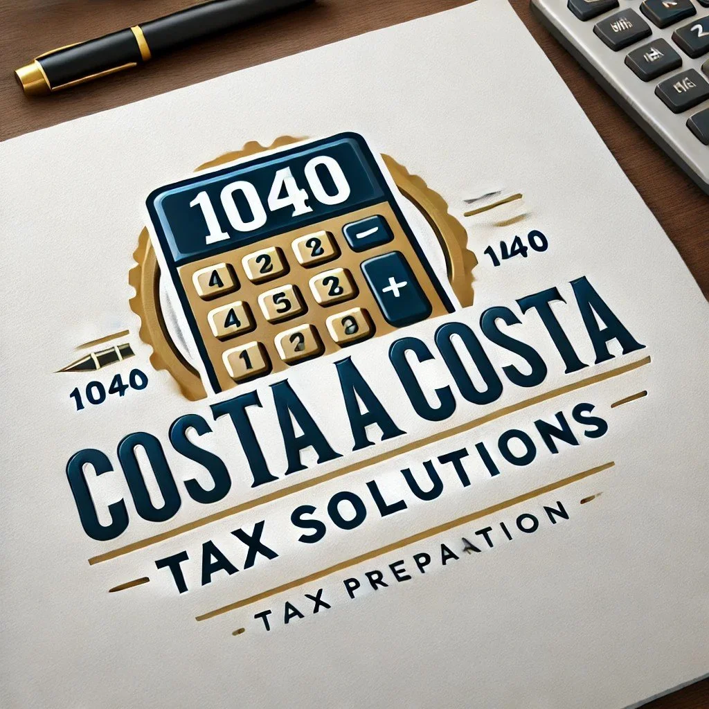 A logo for 'Costa a Costa Tax Solutions' featuring a calculator with the number 1040 displayed, along with pens, a calculator, and a notebook on a desk.