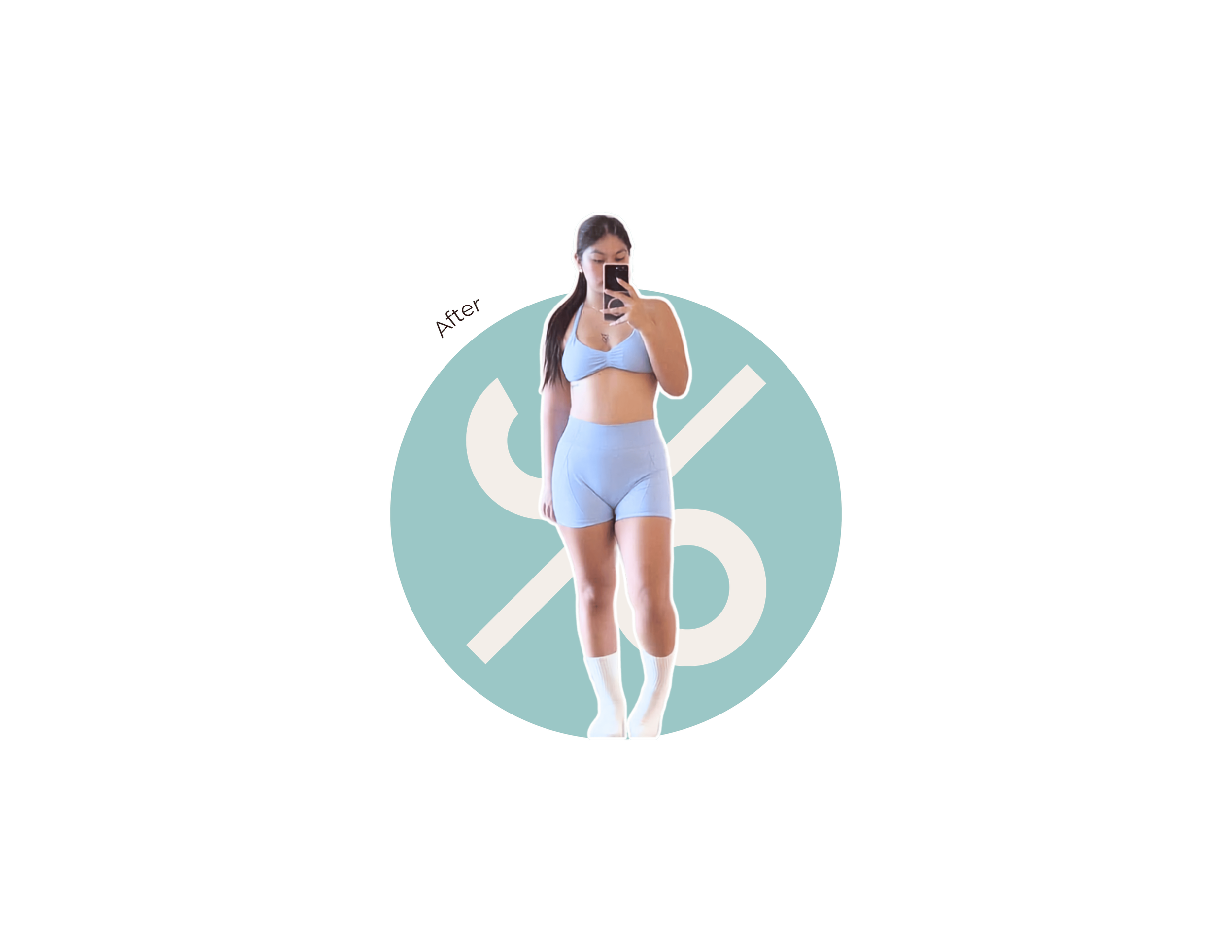 A woman in a blue sports bra and shorts taking a mirror selfie with her phone, standing in front of a graphic background with text indicating a 'Before and After' transformation related to a fitness or weight loss journey.
