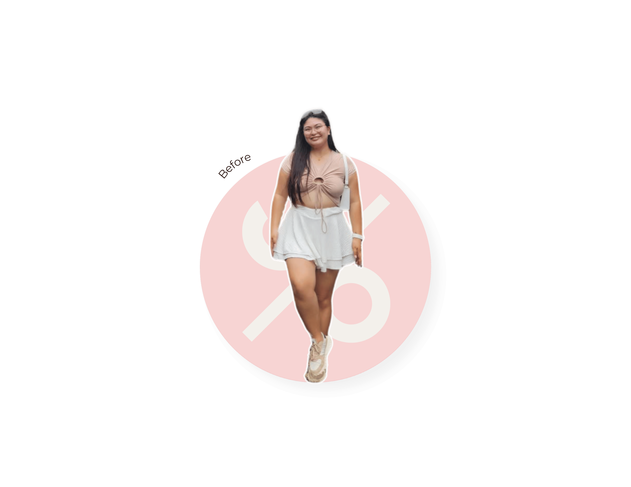 Photo of a smiling woman with long dark hair wearing a beige top and white shorts, standing in front of a pink graphic with white text that shows the YOU% logo.