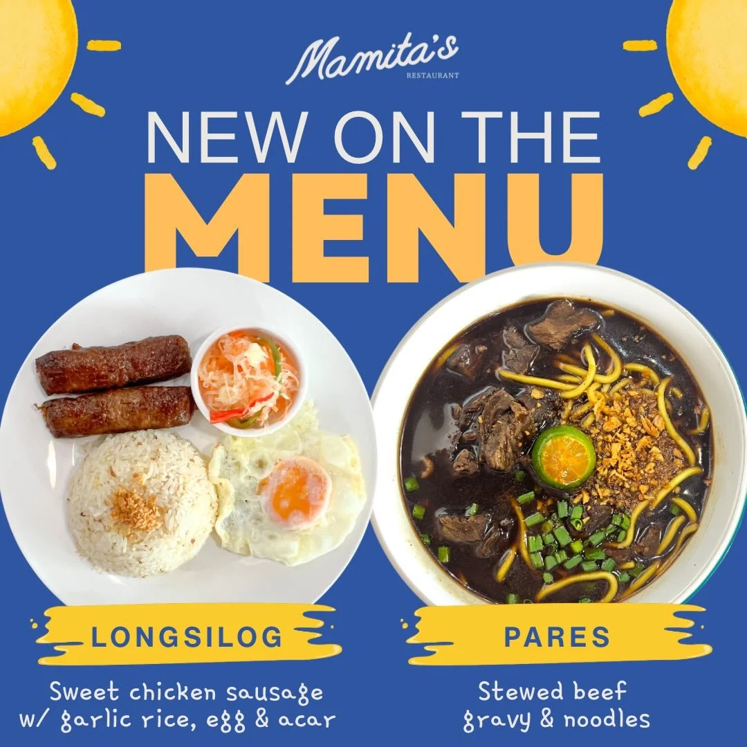 **New Menu Items!** The long awaited longsilog is finally here! Sweet chicken sausage paired with garlic rice, egg &amp; acar. If you're feeling noodles, try our new dish called Pares! Stewed beef gravy with noodles. Both here to stay! 💙