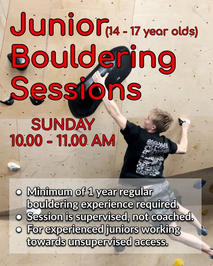 On the 2nd and 4th Sundays of the month, we shall be holding Junior Bouldering Sessions between 10.00 - 11.00 AM. These are for 14-17 year olds with a minimum of 1 year regular bouldering experience to work towards unsupervised access. 

Sessions cos