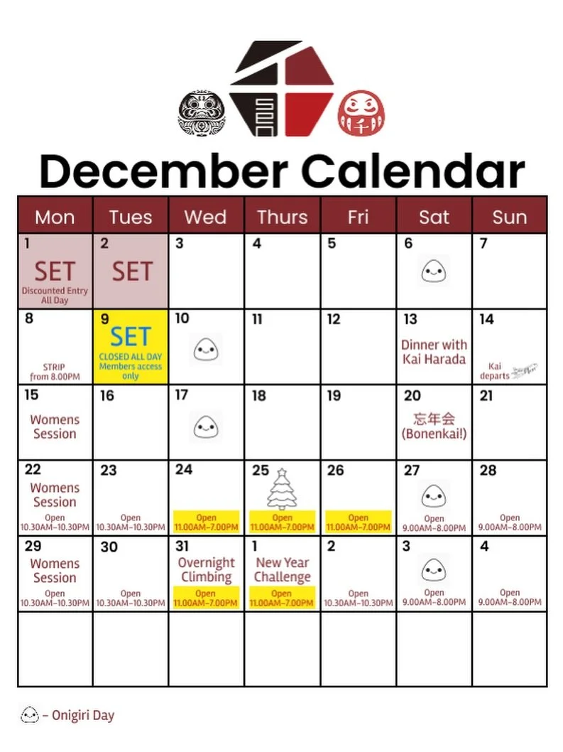 December Calendar

PLEASE NOTE: We will be closed all day on Tues 9 Dec for the reset. Only members will have limited access to the gym (slab, vert, 60&deg;, spray and TB2, 10.30AM - 10.30PM).

On Saturday 13 December, we&rsquo;ll be hosting a dinner