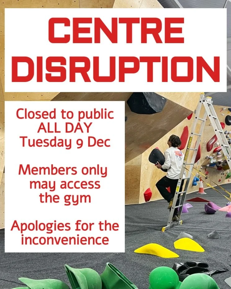 REMINDER - we will be closed to the public on Tuesday 9 Dec.

We will be resetting a significant part of the gym with a larger than usual crew, so will only allow access to our members. 

Please visit the day after, and try the new set!
