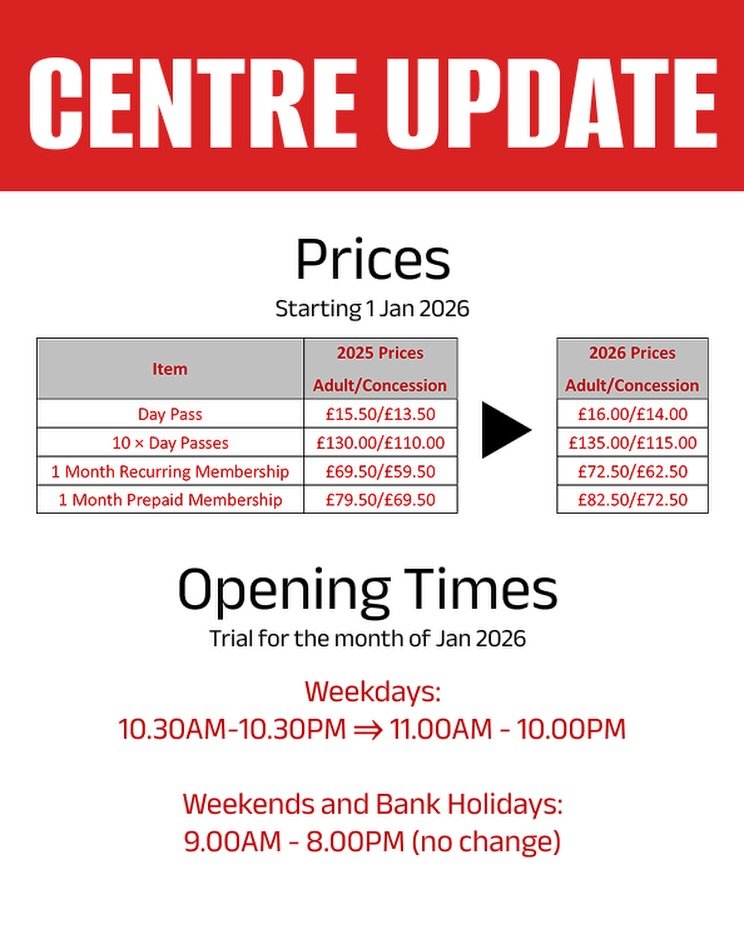 Our costs will be increasing next year, and this means we will need to raise our prices. 
We have also decided to trial new opening hours for the month of January to make the staffing hours more sustainable.

We are sorry for the inconvenience but wi