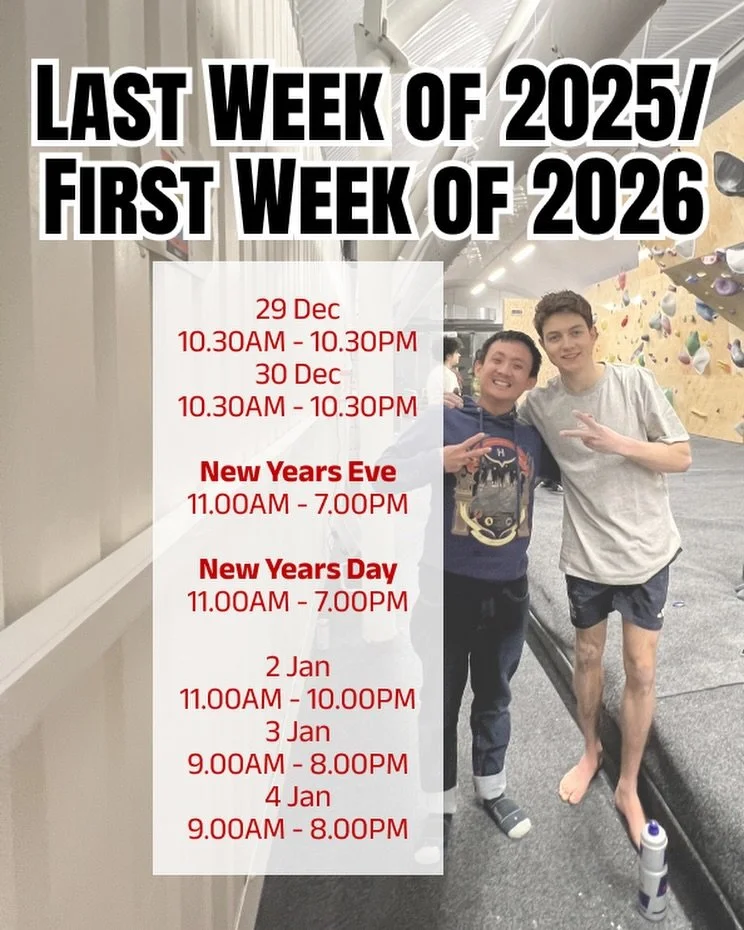 Opening times for the week ahead. 

Please note: - No overnight climbing on New Years Eve (sorry) - From 1 Jan, new pricing applies - From 2 Jan, trial opening times apply