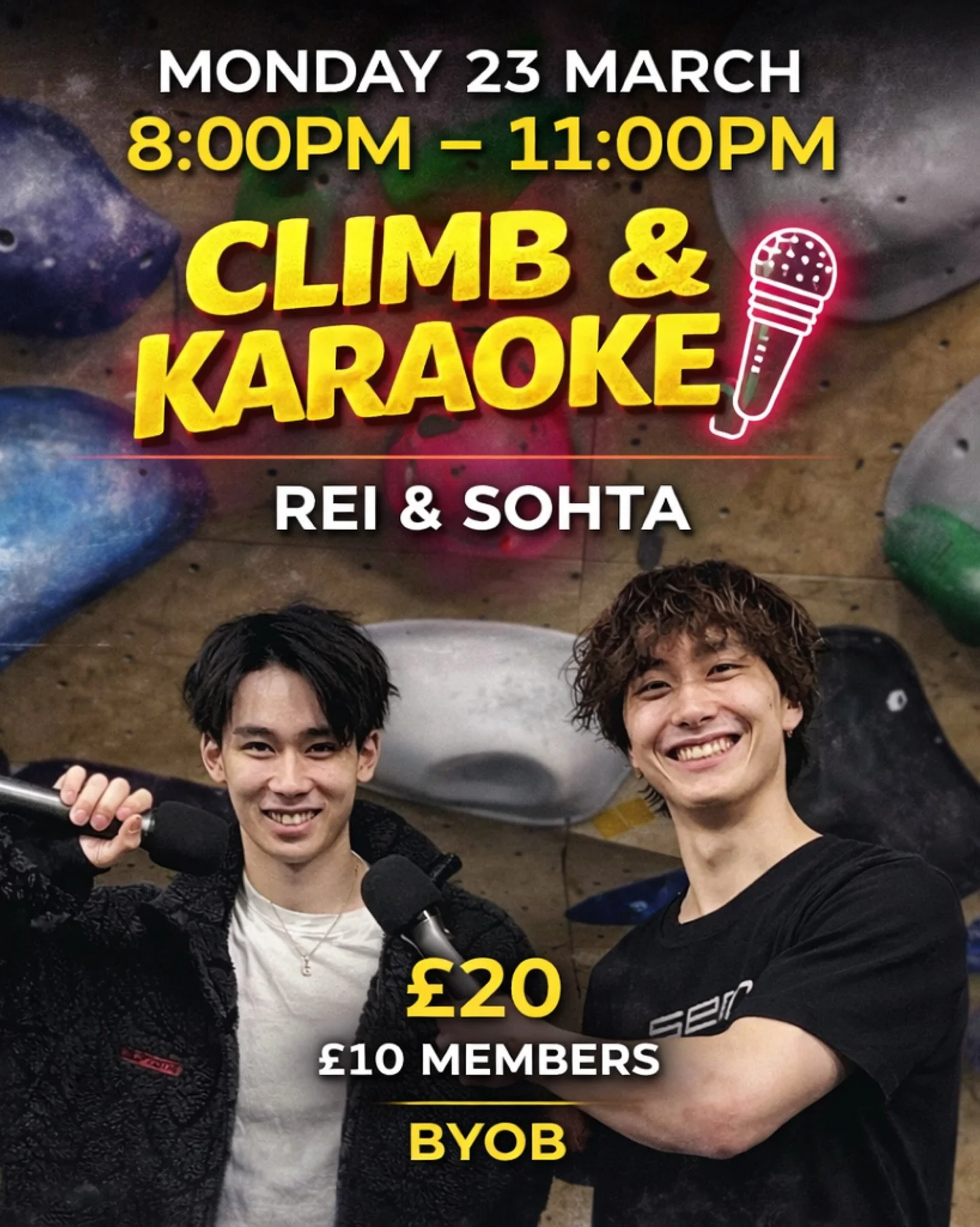 Meet &amp; Greet&hellip; but on the next level 😂

🎤 Climb &amp; Karaoke with @rei.kawamata and @sohta_amagasa 
📅 Monday 23 March
⏰ 8:00PM &ndash; 11:00PM
The cafe will be open, but please BYOB.

We had issues with both their flights and ended up b