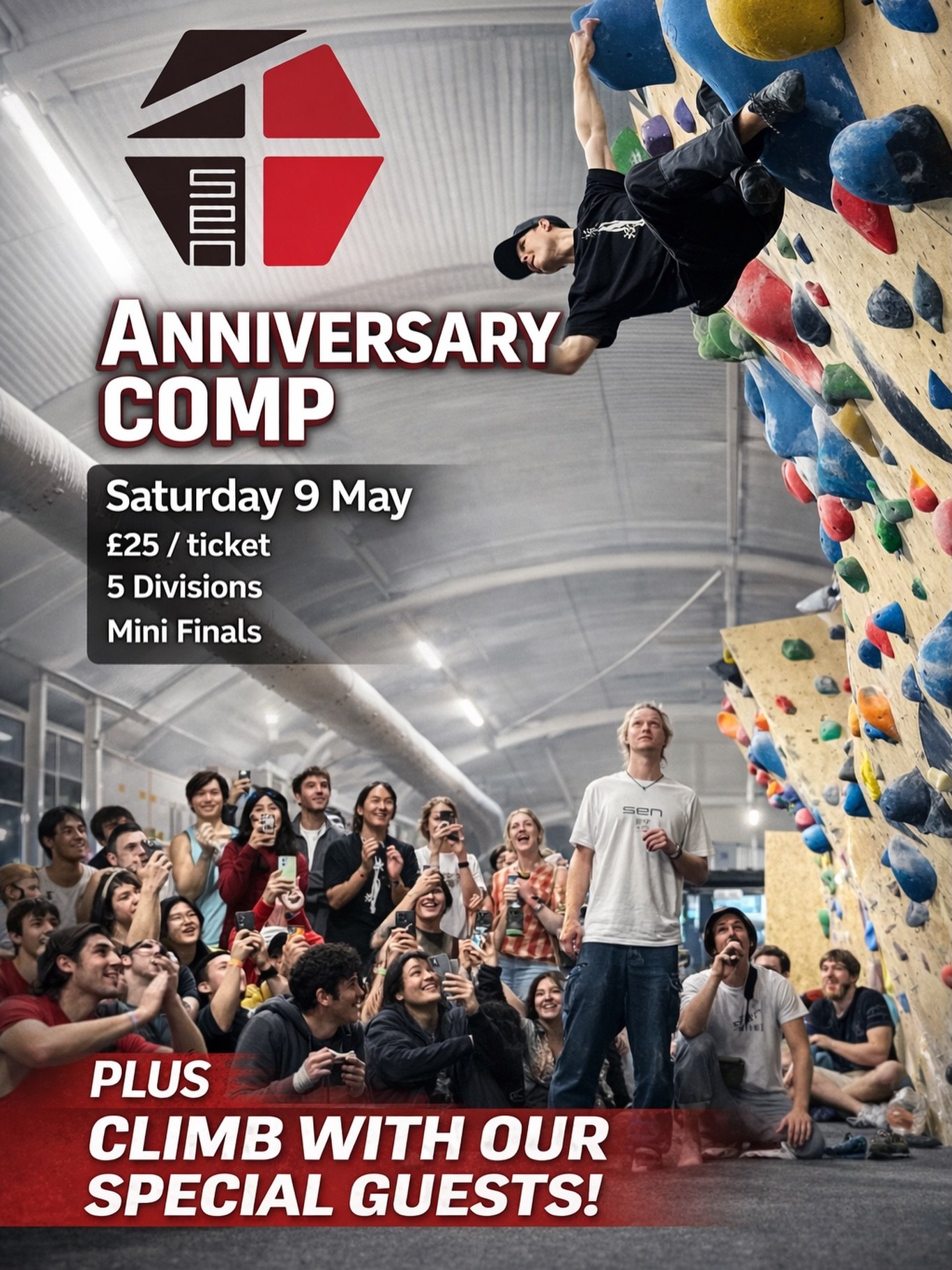 Anniversary Comp details! 🎉

The format will be similar to our opening comp:

&bull; 5 divisions by ability, compete within your division
&bull; 3 hours total climbing time (2 &times; 90 min sessions) to get your highest score, calculated from the 1