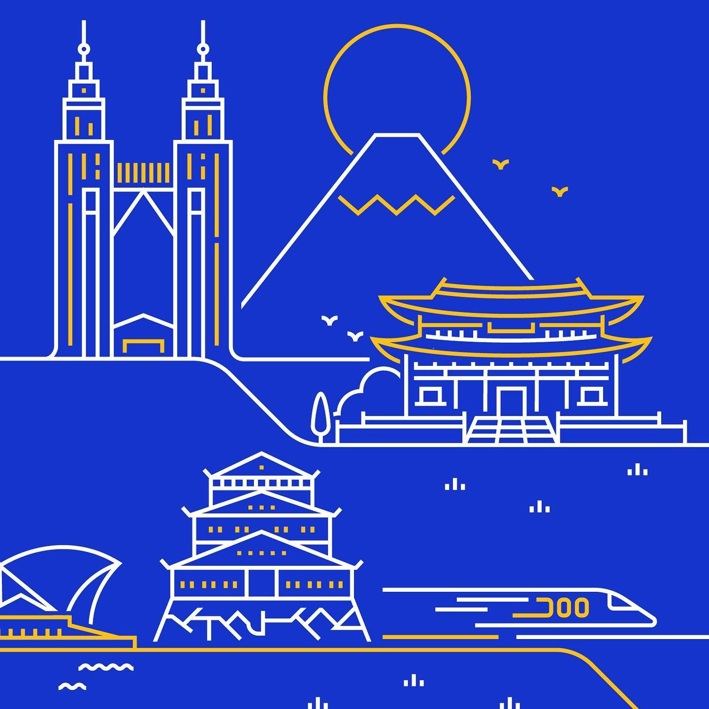 A bunch of illustrated landmarks for Visa Asia Pacific featuring the Petronas Towers, Namdaemun Gate, and Osaka Castle #graphicdesign #illustration #illustrator #blue #visa #skyscrapers #vectorgraphics #designsg #instadesign #osakacastle #namdaemun #