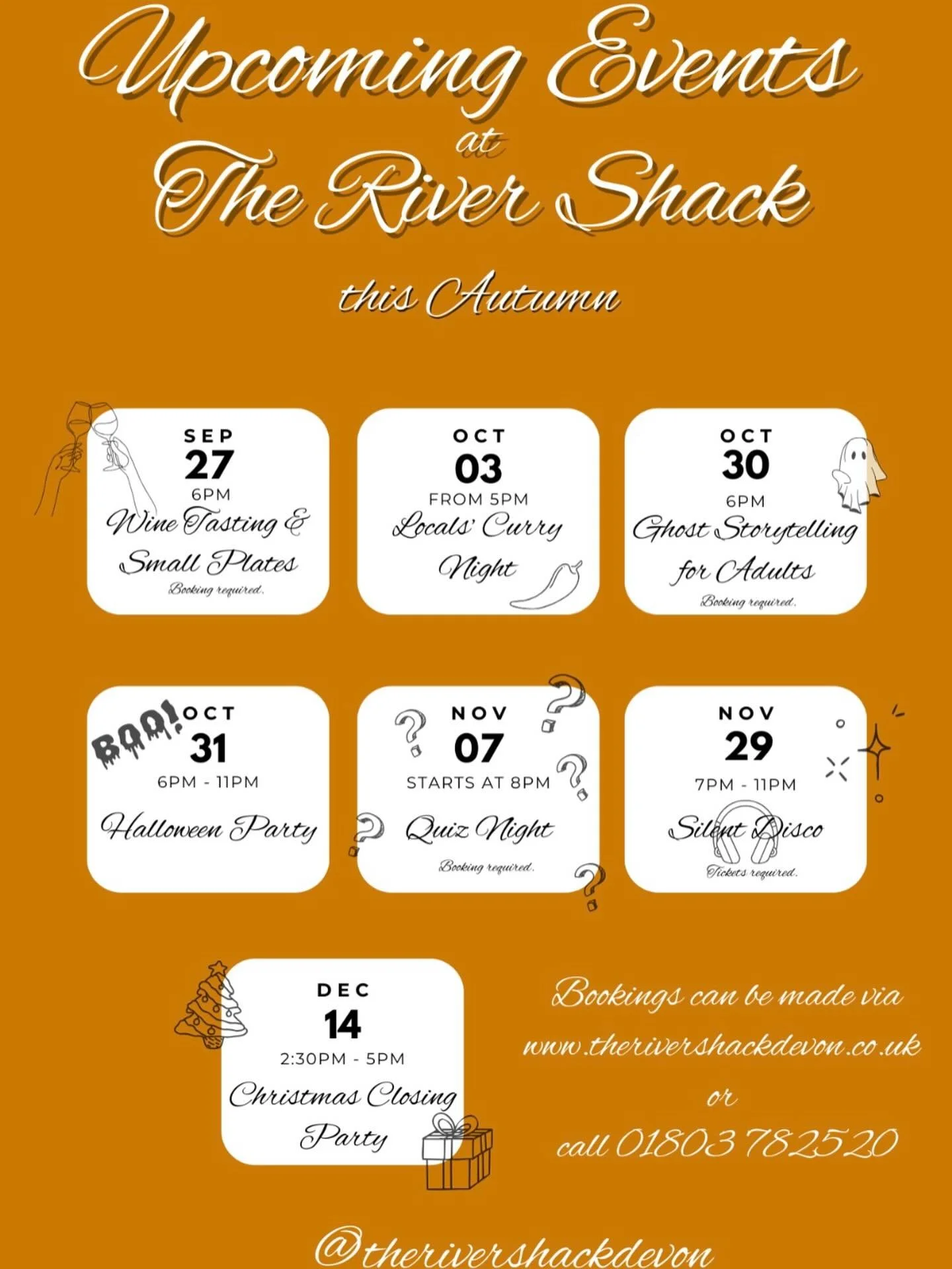 🍂✨ Autumn is packed with exciting events at The River Shack! From wine tastings and curry nights to spooky storytelling for adults, quiz night, and our annual Christmas party &ndash; there&rsquo;s something for everyone🎃🍷🎶🎄

📅 Save the dates &a