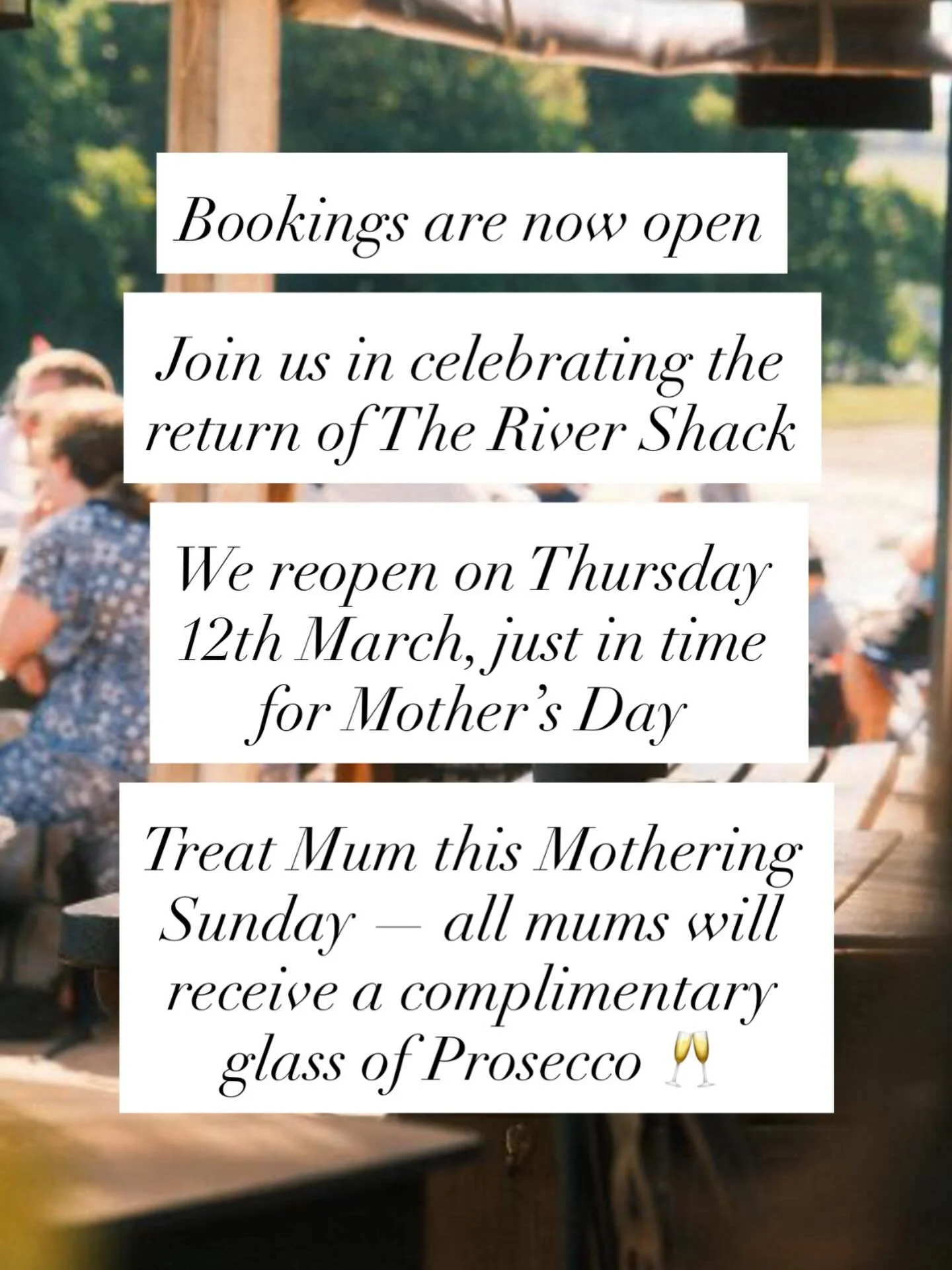 Bookings are now open! Book via our website. 
We can&rsquo;t wait to see you all🦀

#therivershack #reopening #bookingslive #southdevon
