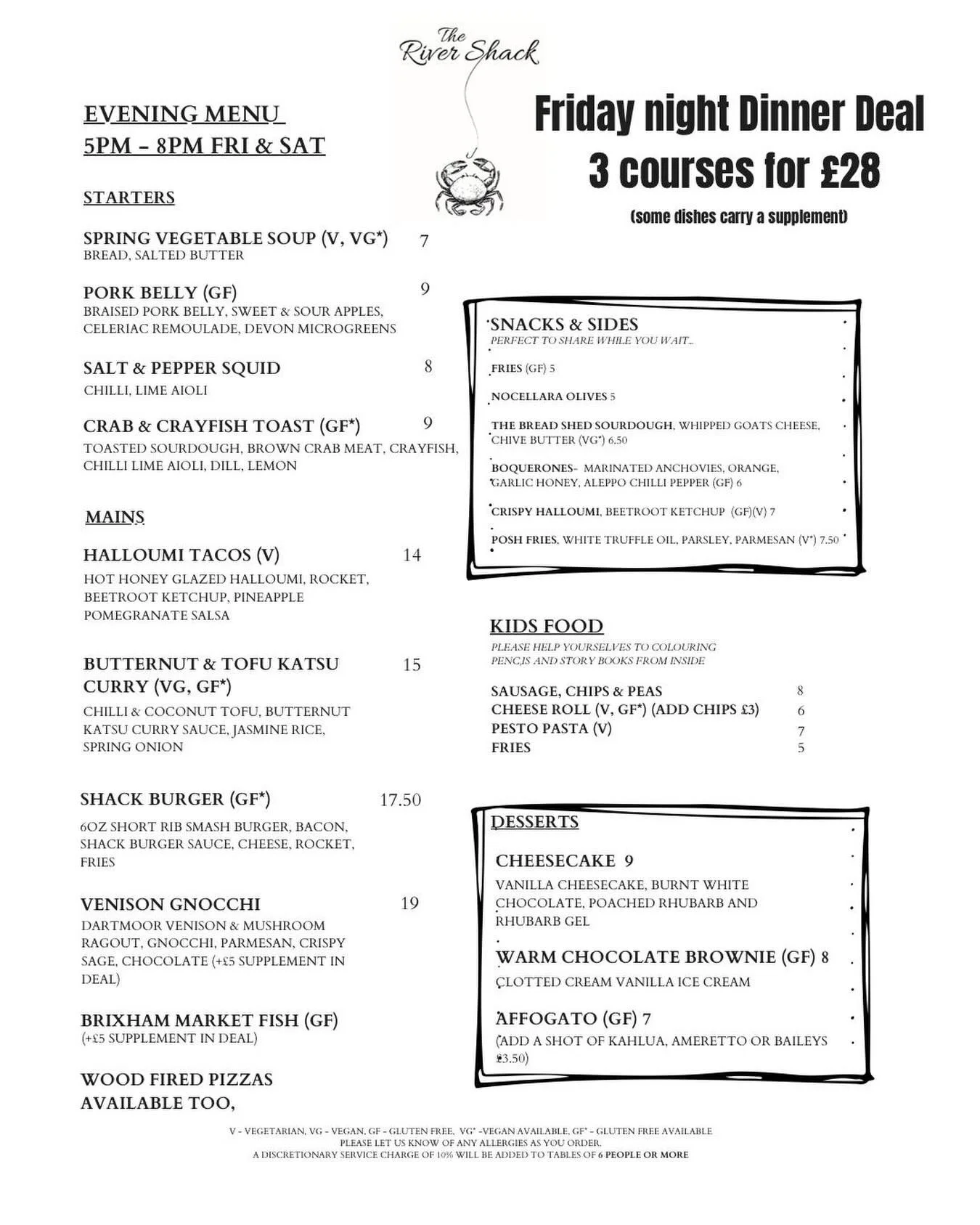 The best way to start your weekend ✨
3 courses for &pound;28 from 5&ndash;8PM🦀
Book via our website or give us a call on 01803 782520📞

#therivershack #fridaydeal #3coursesfor&pound;28 #dealoftheday #stokegabriel