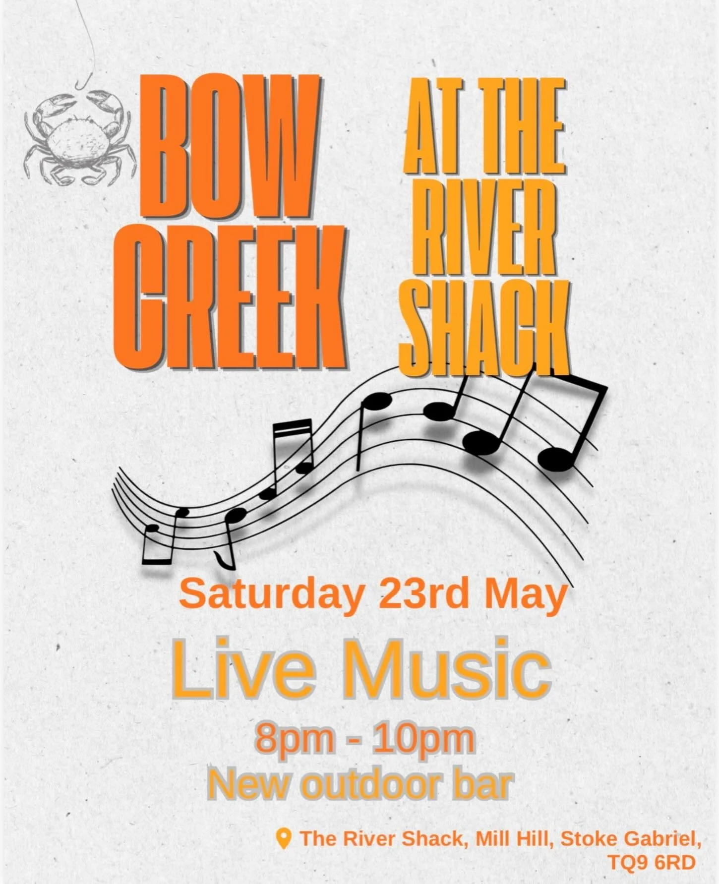 We&rsquo;ve got the wonderful @bowcreekmusic playing at The River Shack on Saturday 23rd May! 

Get ready for an evening of delicious drinks and great music. 

Dinner is served from 5pm - 8pm, booking is strongly advised🦀🍴

#livemusic #bowcreek #th