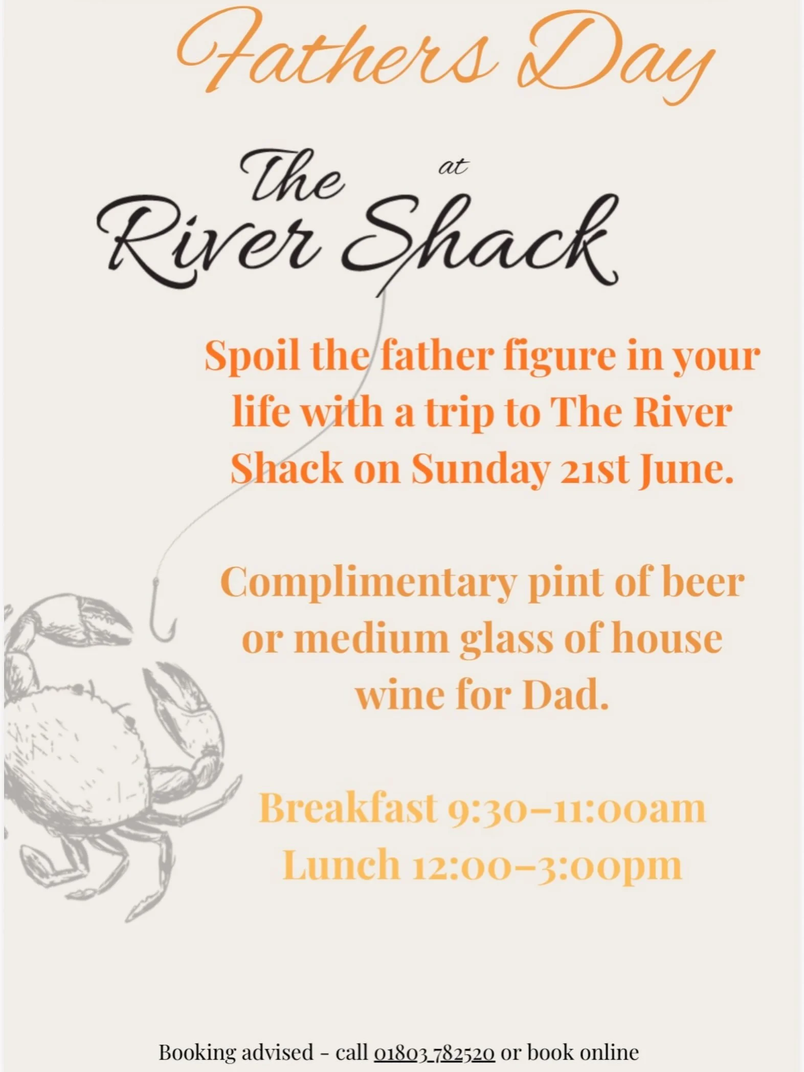 🦀Fathers Day is coming up

Treat your Dad to a trip to the River Shack and a pint or medium glass of wine will be on us🍻

Book online or call 01803 782520

#fathersday #treatyourdad #therivershack #stokegabriel #complimentarydrink