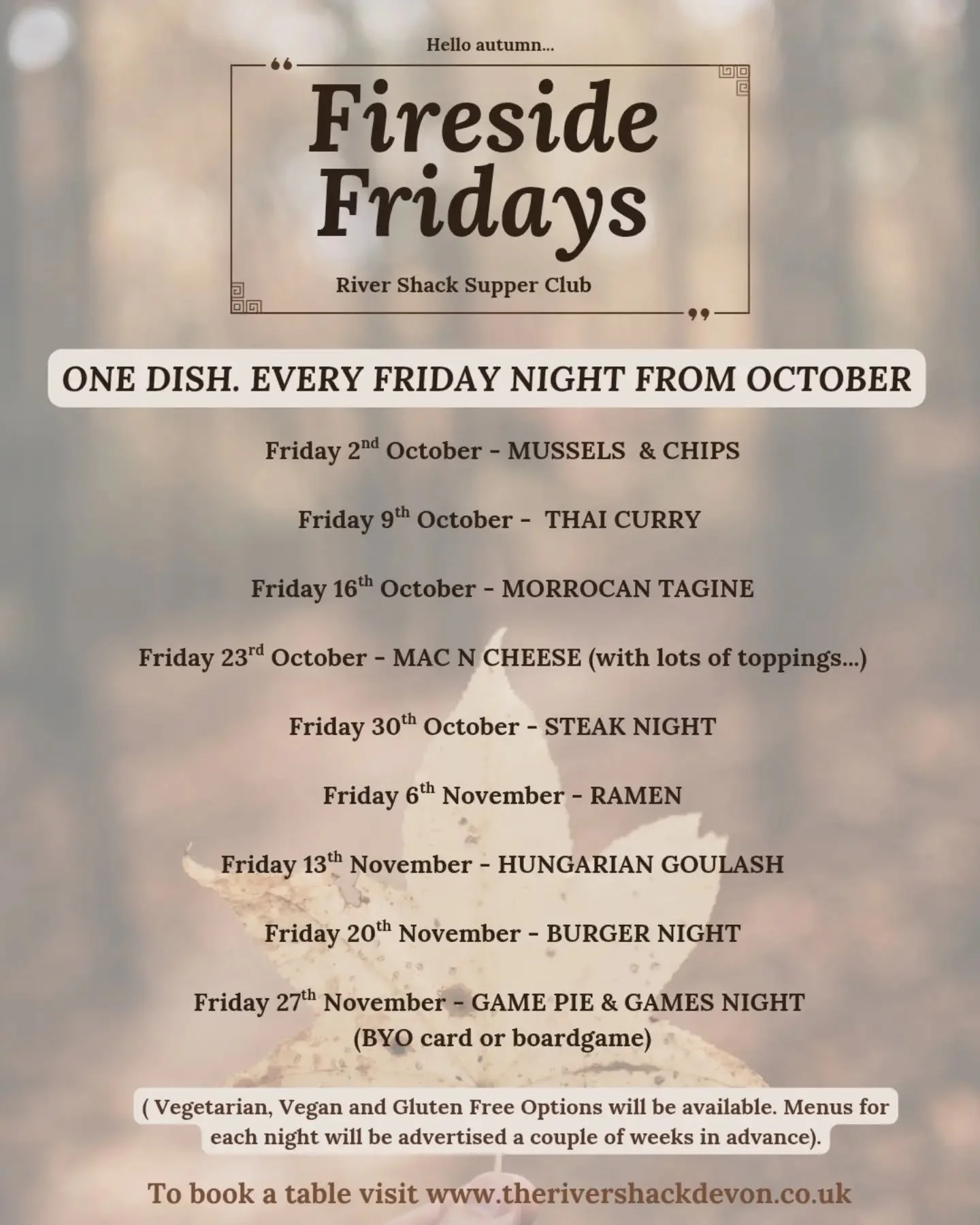 We're trying something new this Autumn and we hope you'll enjoy it 🦀

A simple supper each Friday night. 

There will be a meat/fish and a vegetarian option to choose from each week, and we will always cater for gluten free and vegan customers, just