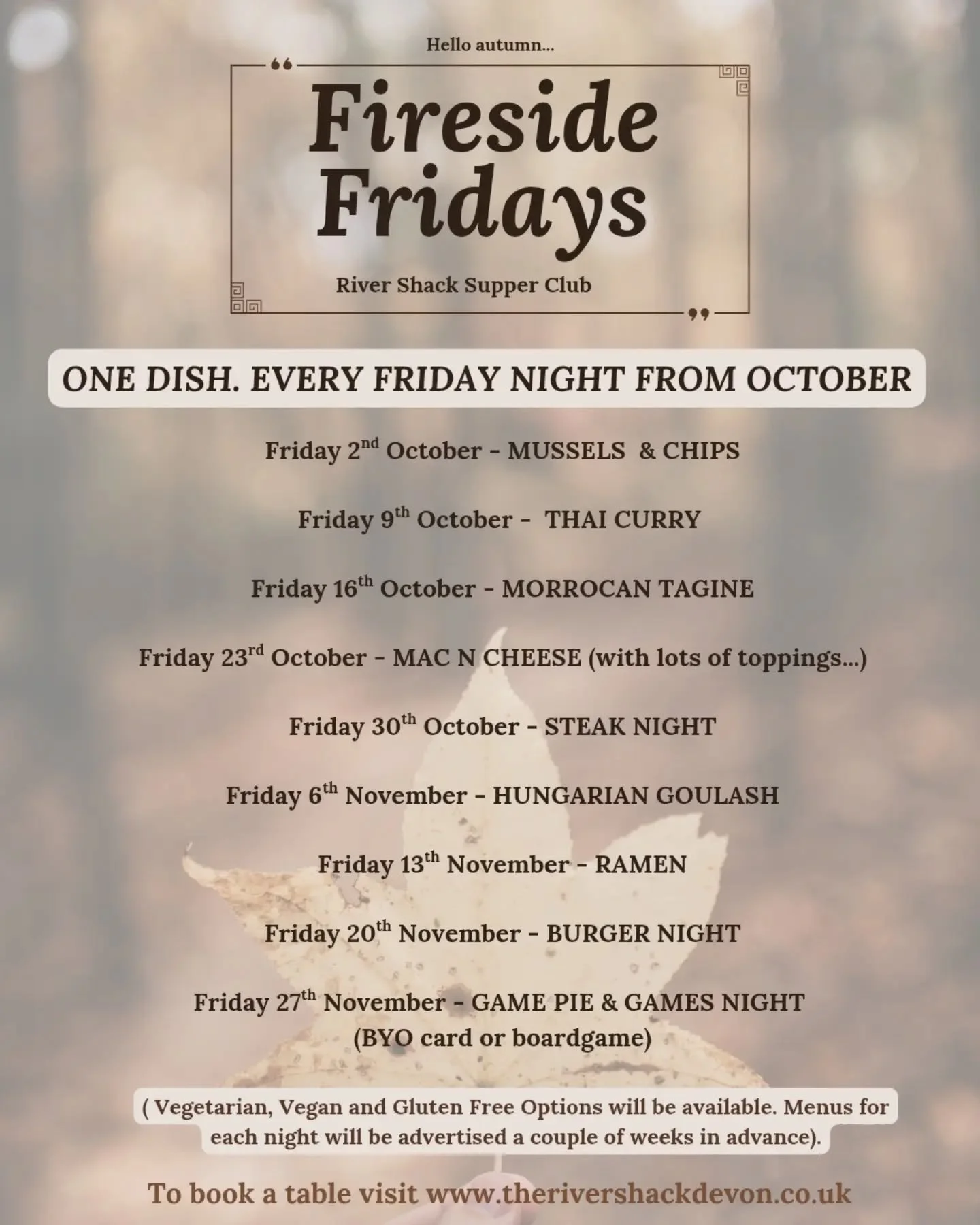 We're trying something new this Autumn and we hope you'll enjoy it 🦀

A simple supper each Friday night. 

There will be a meat/fish and a vegetarian option to choose from each week, and we will always cater for gluten free and vegan customers, just