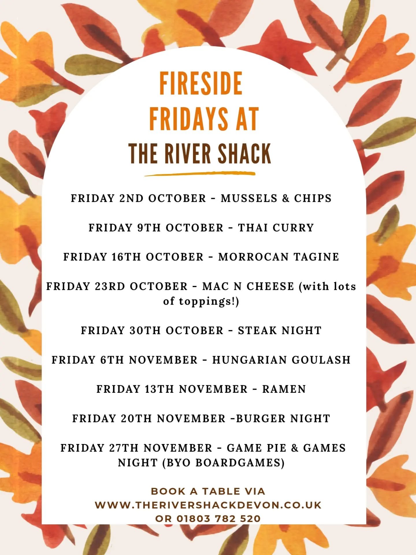 🍂Every Friday night from October🍂

🍂 A different pot each week 🍲

Bring a friend or a partner and sit by the fire in the Marquee overlooking the water, or inside the candlelit restaurant 🕯️

#eatingout
#southdevon 
#autumnevents 
#therivershackd