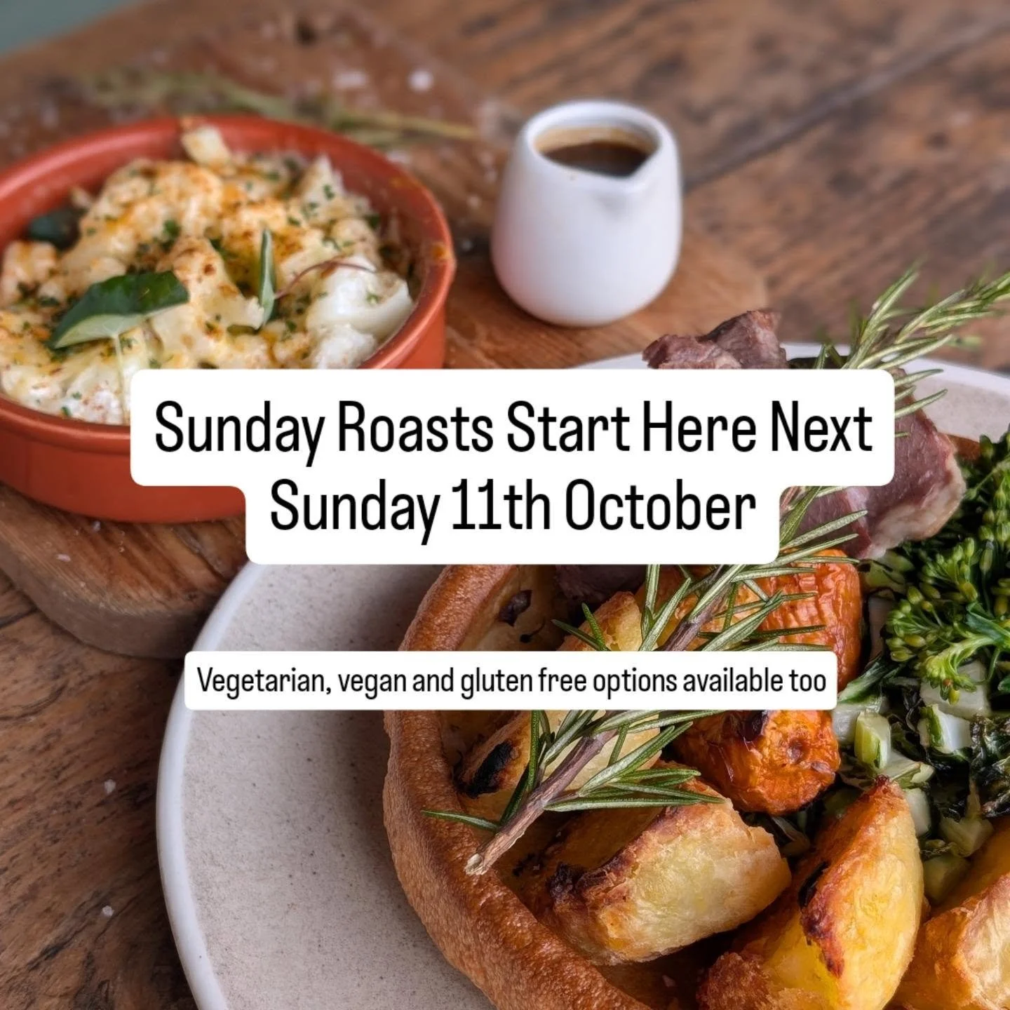 On Sunday 11th October we'll be serving Sunday roasts for the first time! 

There will be a different meat and vegetarian option each week. 

On 11th October we will serve up...

Braised Beef Brisket &pound;20 (gf*)
Roast Maris Pipers, Carrots, Parsn