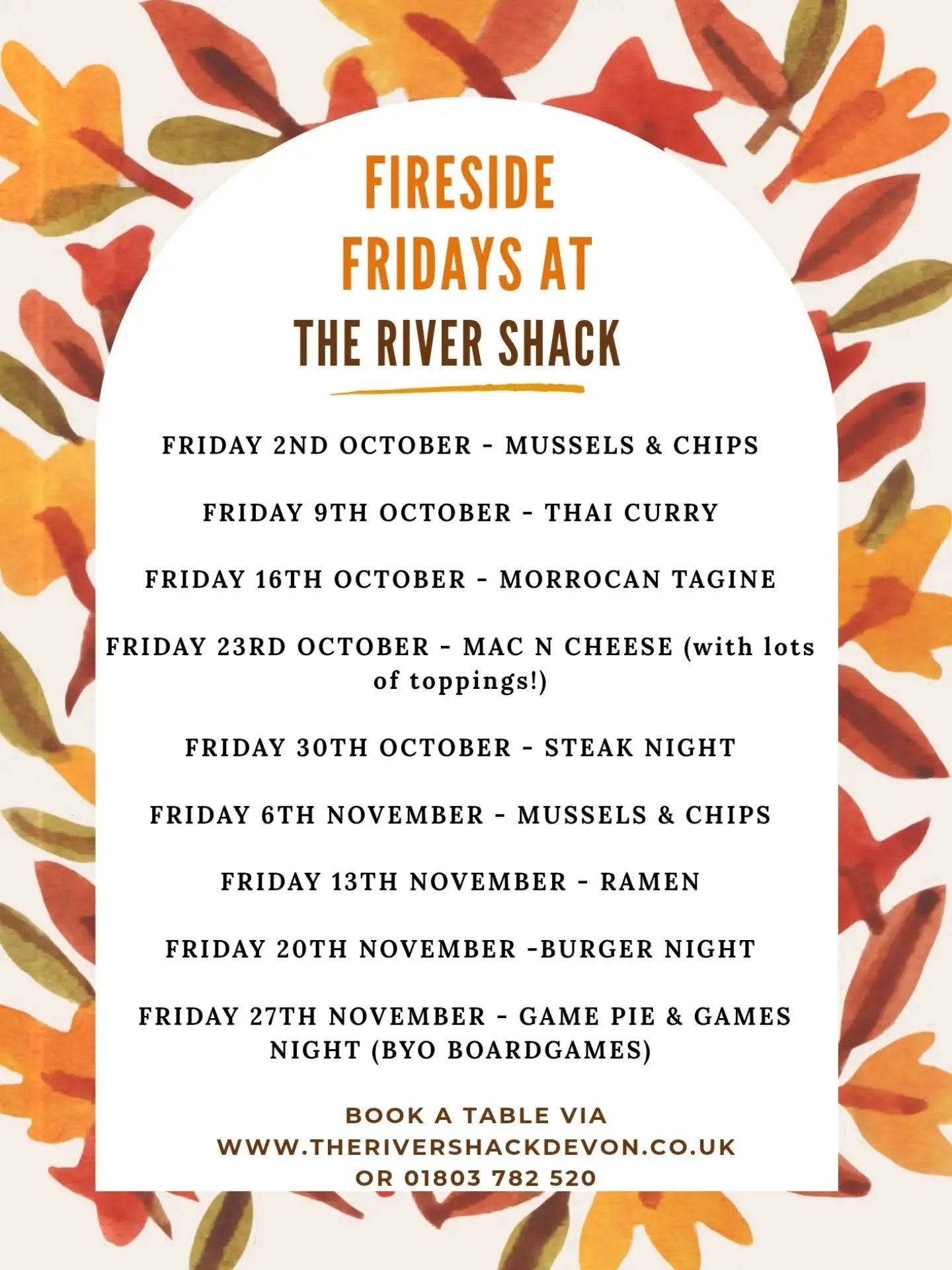 A reminder of our Fireside Friday evenings that we have left to come this Autumn 🍂🍁

We close on 6th December for the winter so come down and see us before we go 🙂🔥🍲

#fridays #eatingout #dinner #stokegabriel #autumnevents