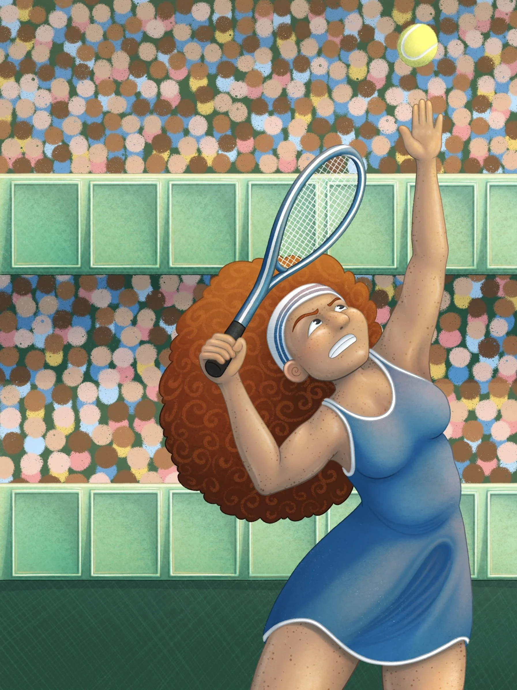 Female tennis player in blue large ginger hair jumping to serve a tennis ball in front of crowd illustration