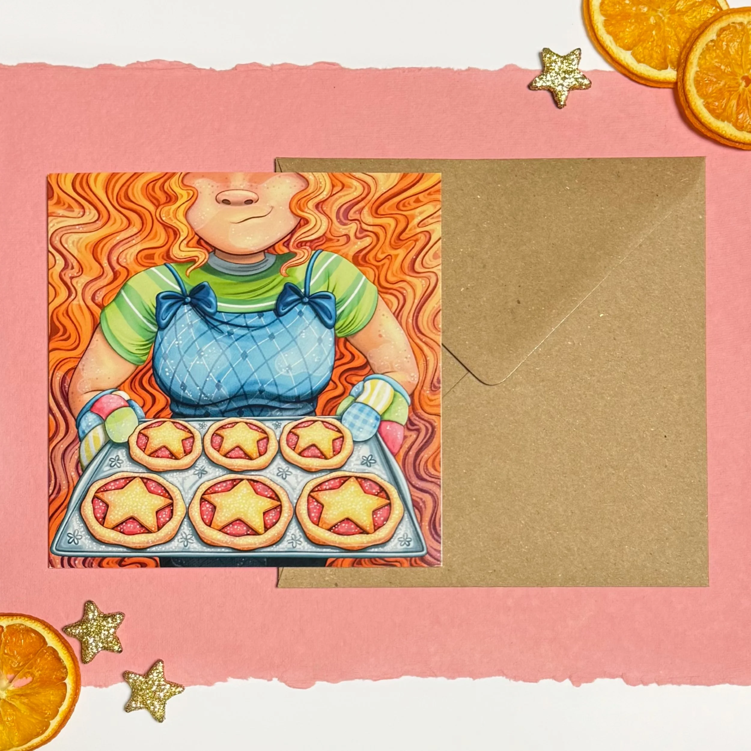 Ginger haired girl mince pie baker illustrated Christmas card