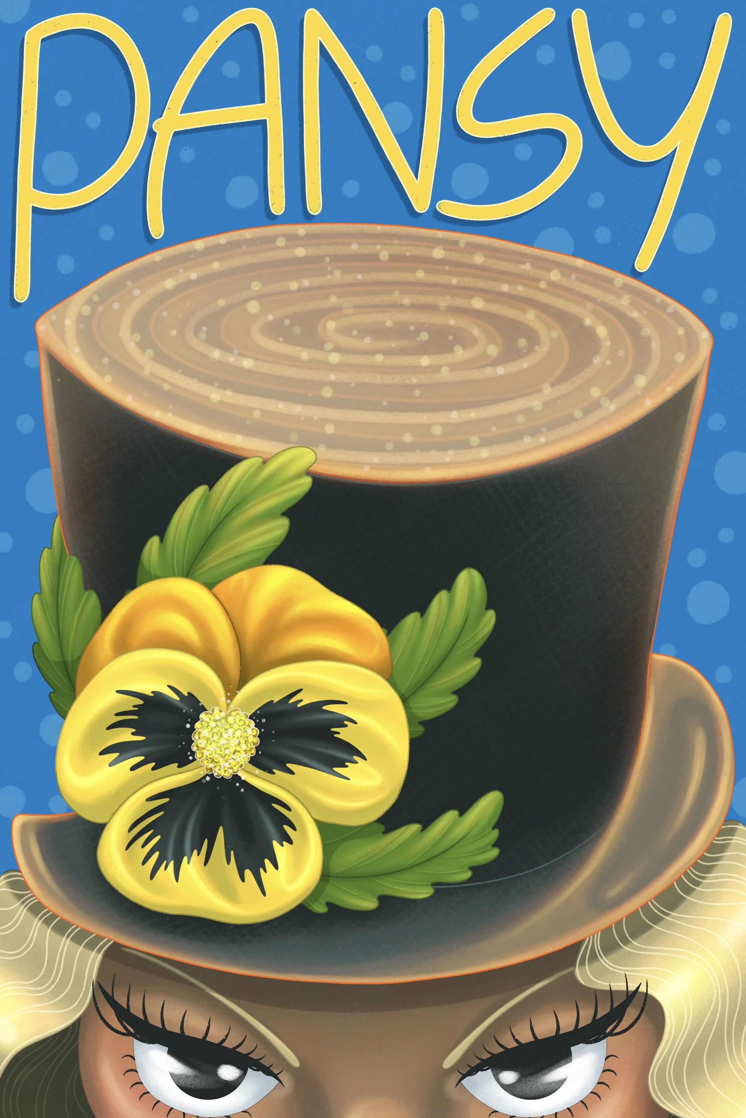 20s Style woman top hat close up with large yellow pansy on bright blue background yellow text reads pansy illustration