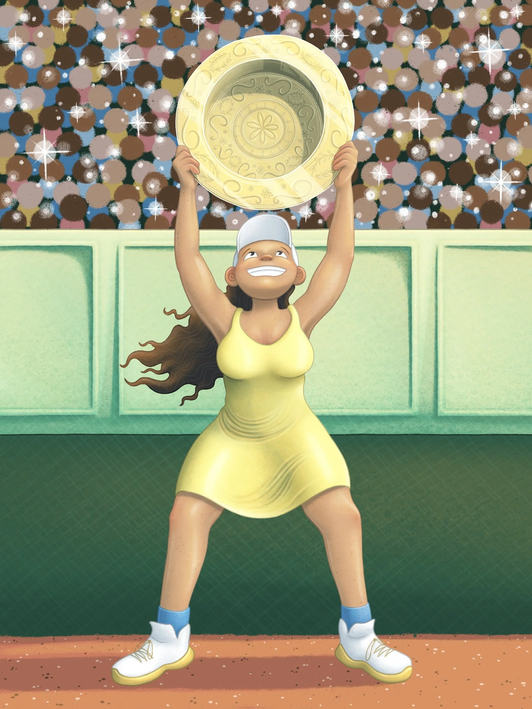Female tennis player in yellow holding gold championship plate in front of crowd illustration