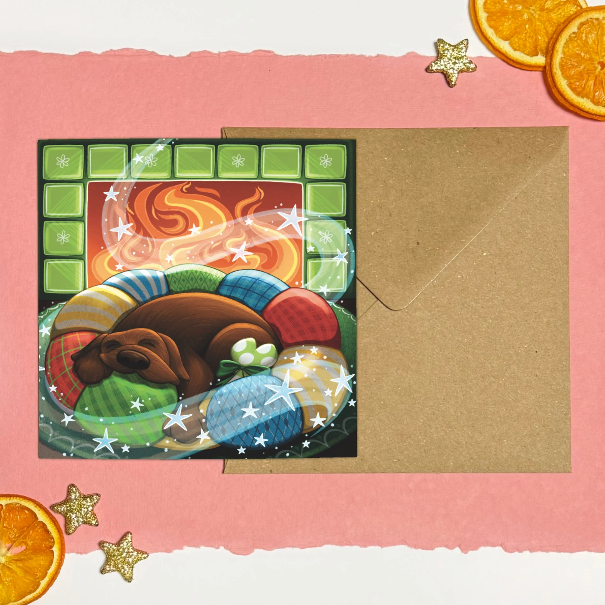 Green fireplace puppy patterned bed magic stars illustrated Christmas card