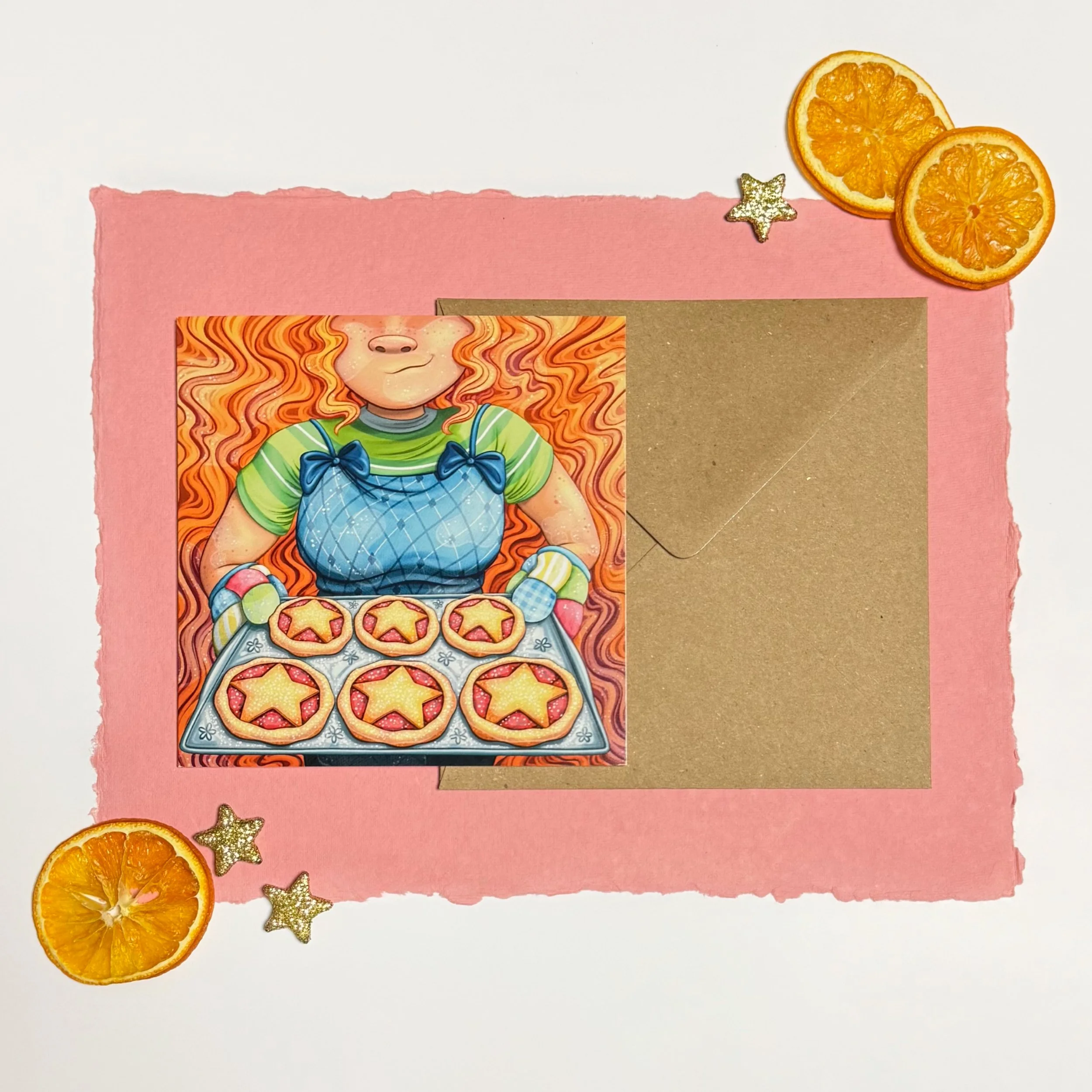 Ginger haired girl mince pie baker illustrated Christmas card