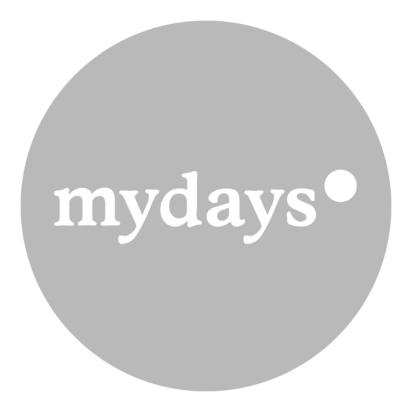 Grauer Kreis mit weißem Text 'mydays' und kleiner weißer Punkt