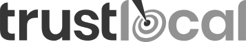 Ein Trustlocal-Logo, das aus schwarzen und grauen Textbuchstaben besteht.