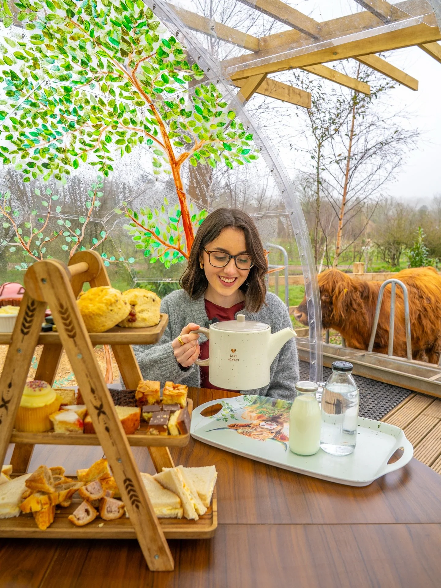 🐮🫖 Afternoon tea but with Highland cows! 

Rain or shine, you&rsquo;re guaranteed a special time at Windmill Retreats.

Our geodomes keep you covered, so you can enjoy your afternoon tea while still being right next to the Highland cows watching th